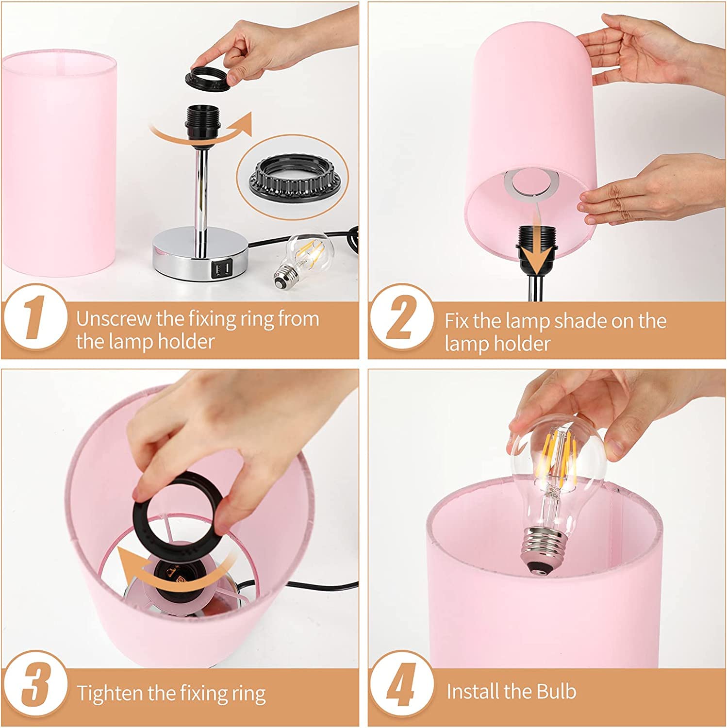 Yarra-Decor Modern Wood Bedside Lamp with USB Port & Touch Control - 3-Way Dimmable Nightstand Lamp with Round Pink Fabric Shade for Bedroom, Living Room, Kids Room, Office & College Dorm - Perfect for Reading, Relaxing & Nighttime Use