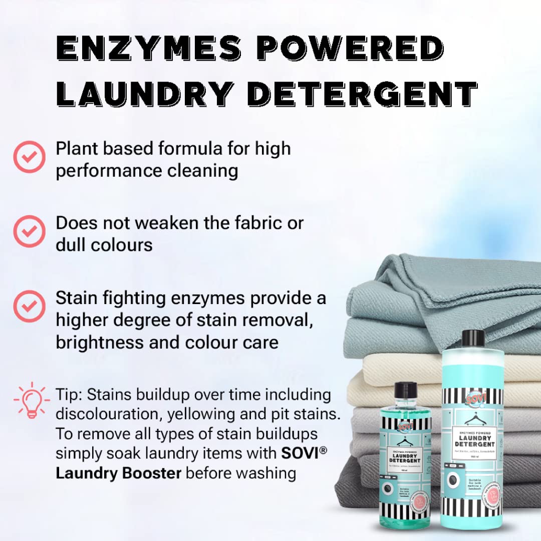 SOVI Bio Enzyme Liquid Laundry Detergent - Eco-Friendly & Biodegradable for Front Load & Top Load Washing Machines (950ml) - Fresh Clean Scent - Ideal for Sensitive Skin & Sustainable Home Cleaning