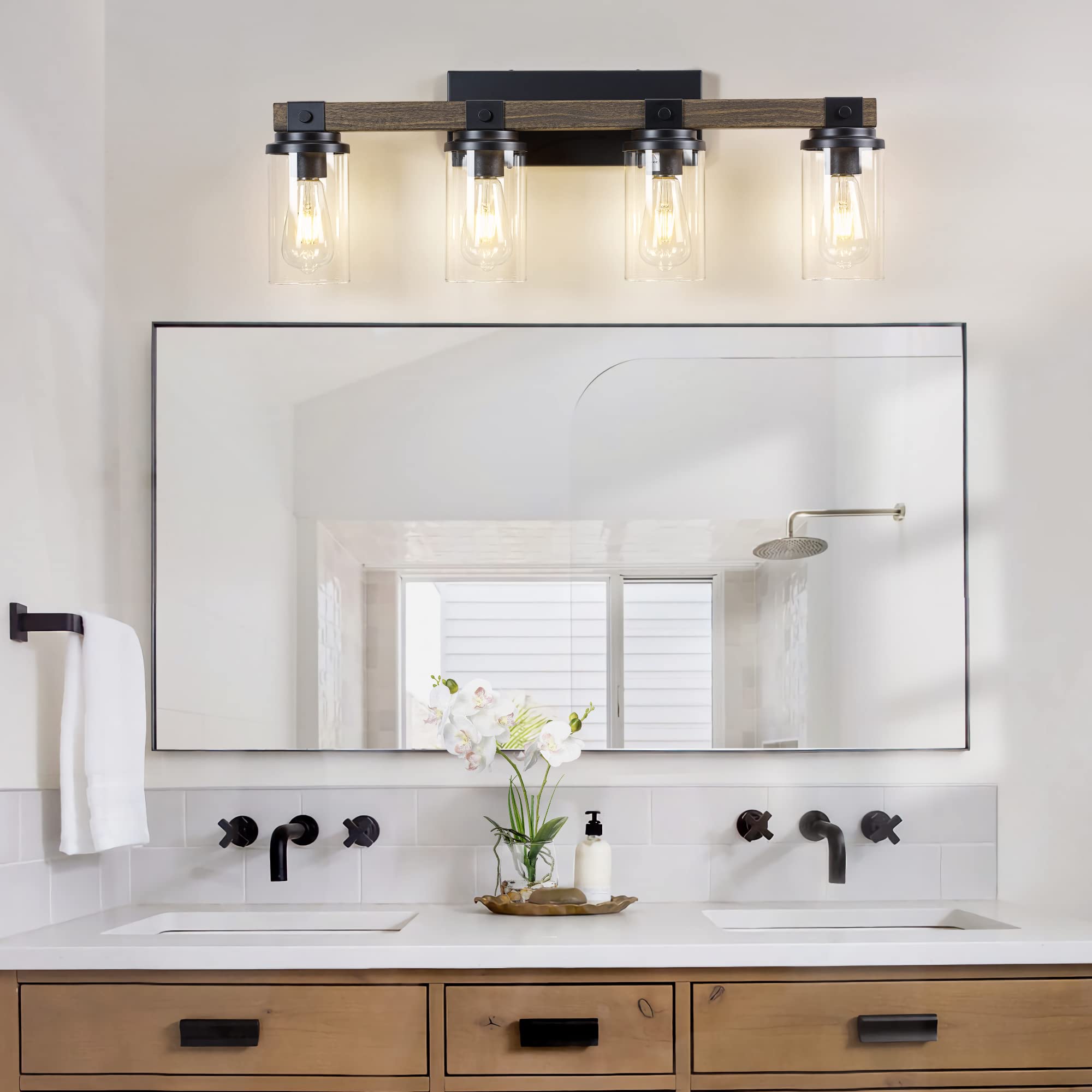 Modern Black Bathroom Vanity Light Fixture - 4-Light Over Mirror Bathroom Lighting with Clear Glass Shades for Bathroom, Powder Room & Dressing Area - Elegant Home Decor & Spa-Style Ambiance