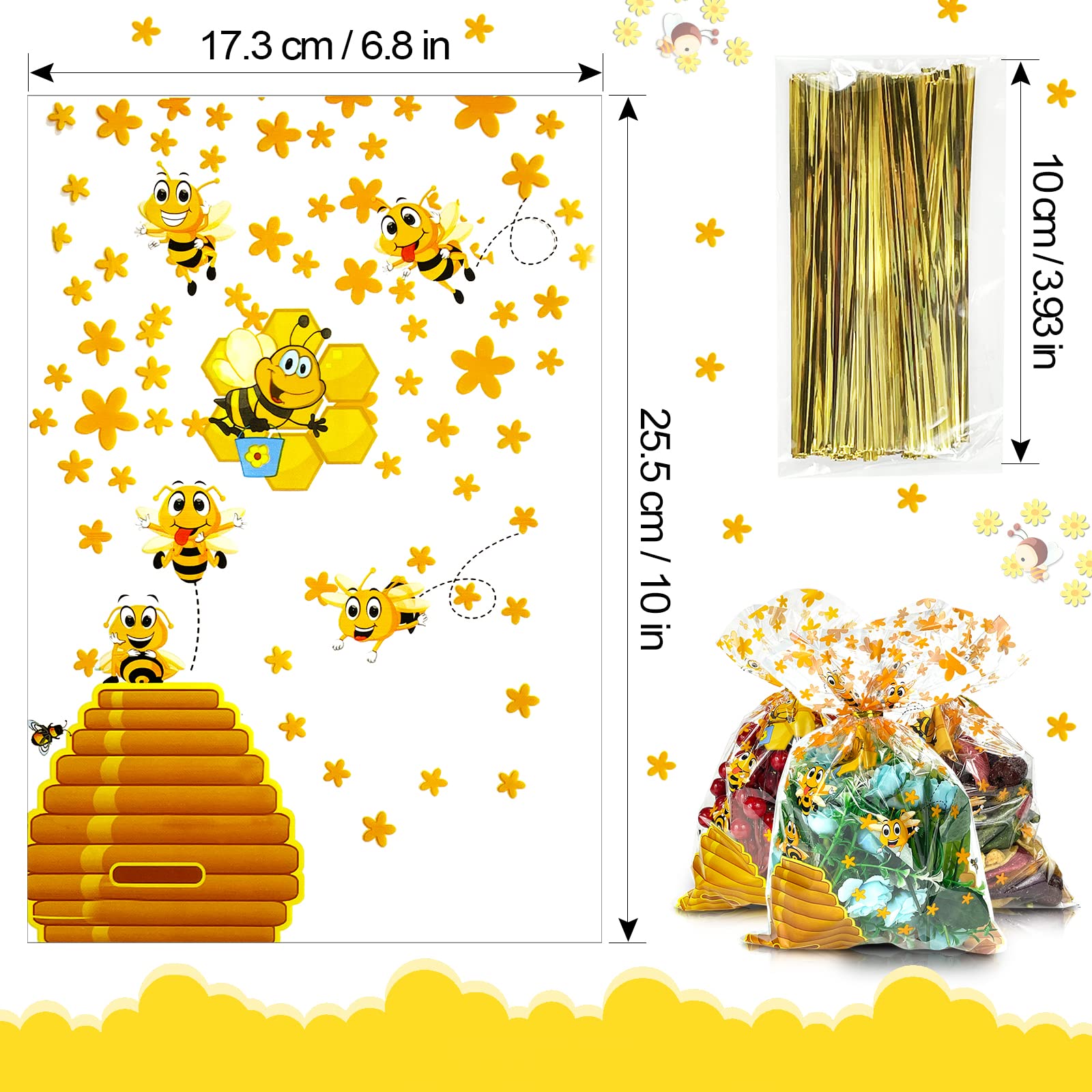Bnsikun 100 Pcs Yellow Bee-Themed Cellophane Gift Bags - Perfect for Baby Showers, Birthday Parties & Candy Treats | Reusable Plastic Goodie Bags for Bee Theme Party Supplies & Favor Packaging