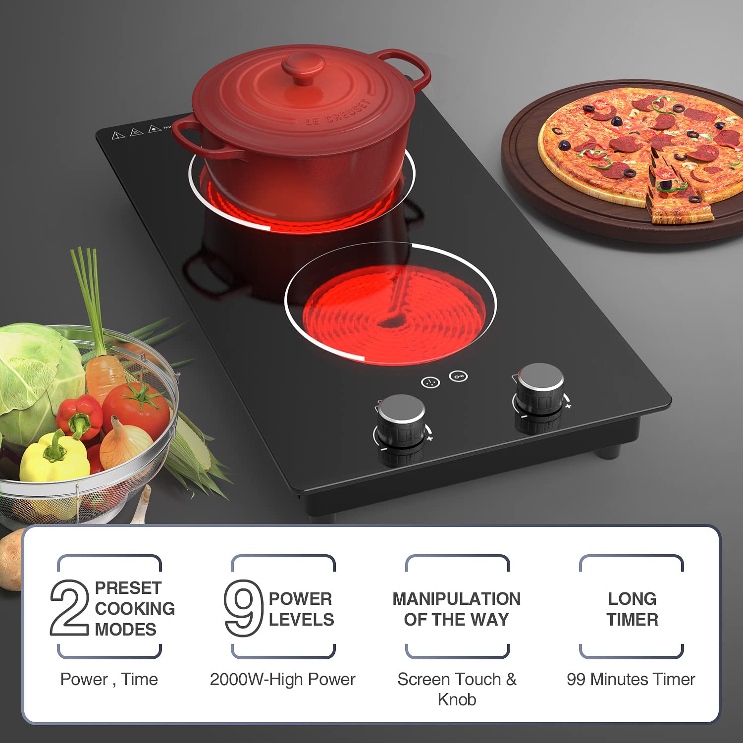 110V 2100W Electric Induction Cooktop with Knob Control - 10 Power Levels, Child Safety Lock, Timer & Overheat Protection - Built-in Radiant Double Burner for Fast Cooking - Perfect for Apartments, Dorms & Small Kitchens