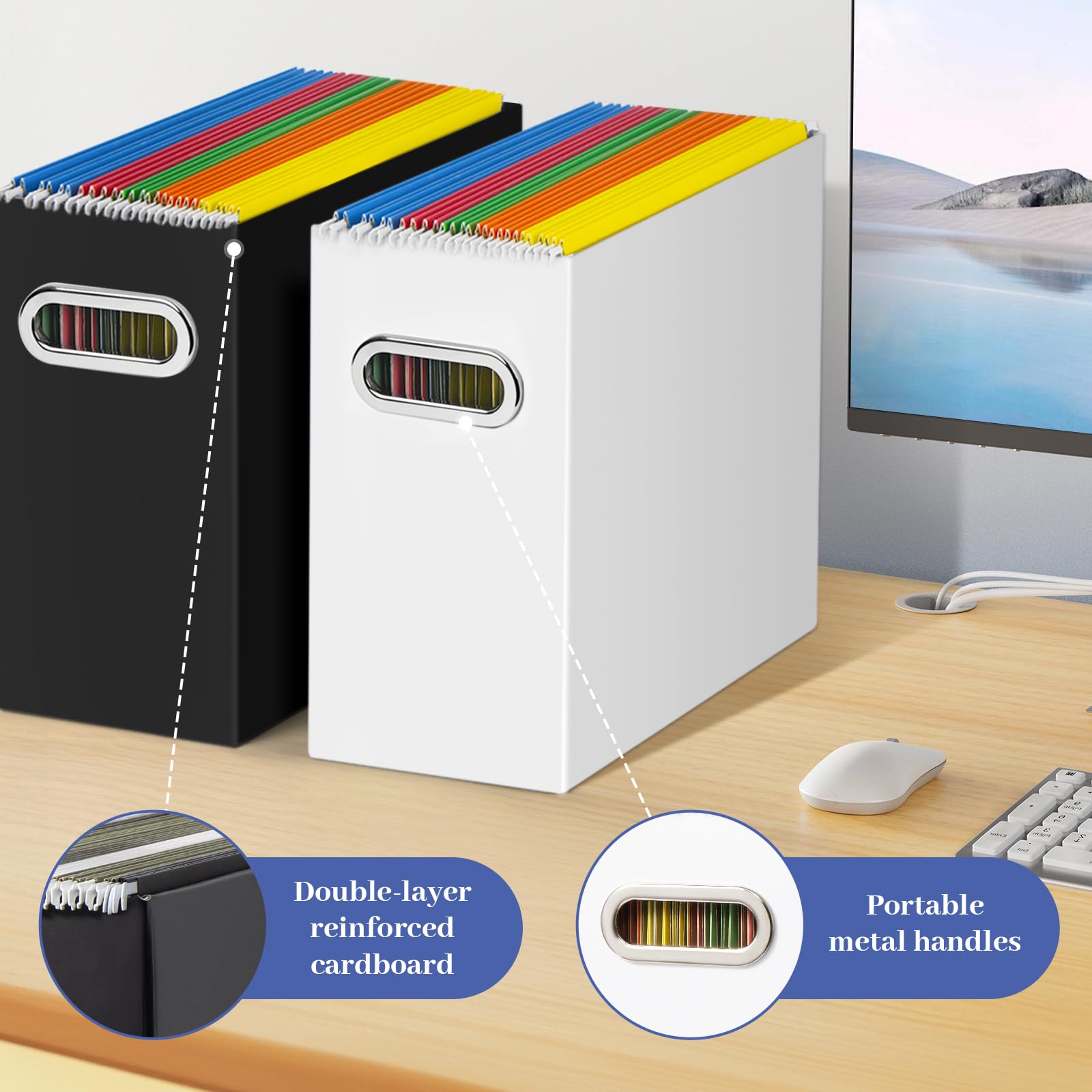 Collapsible Cardboard File Box for Letter Size Hanging Folders - 2 Pack White Storage Organizer with Handles for Office, Home & School Use - Perfect for Document Filing, Paper Organization & Workspace Storage