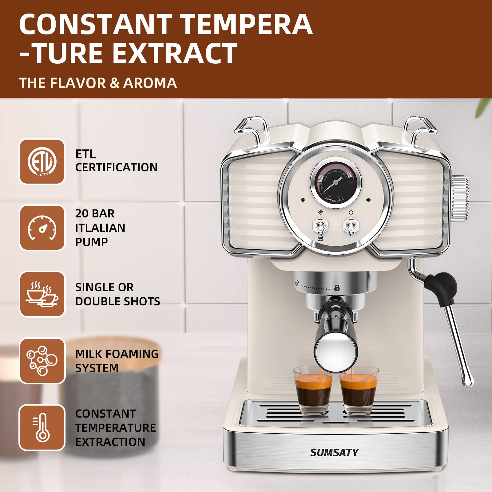 Professional 20 Bar Espresso Machine with Milk Frother Steamer Wand - 1.8L Removable Water Tank - Retro Off-White Coffee Maker for Home - Perfect for Making Espresso, Cappuccino & Latte - Ideal for Kitchen, Office or Small Coffee Shop Use