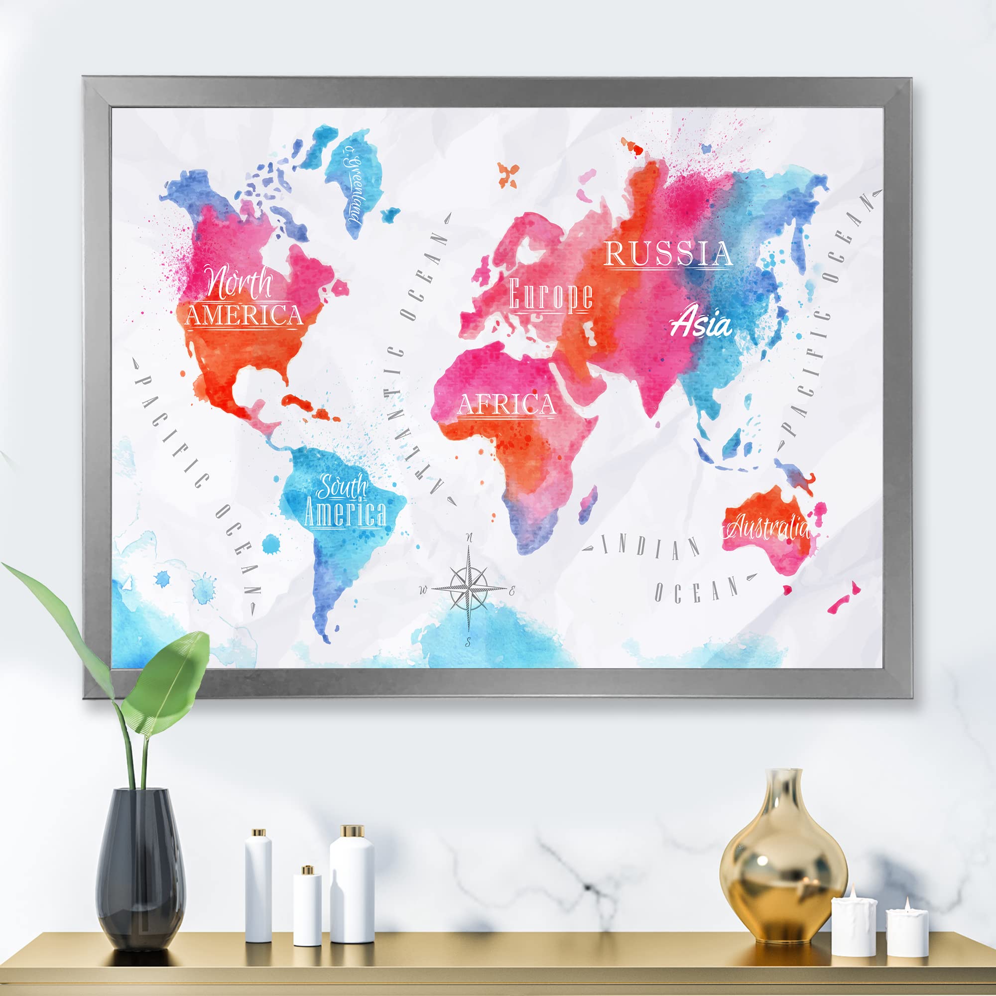 Modern Pink and Blue Framed World Map Wall Art - Perfect for Home, Office & Classroom Decor