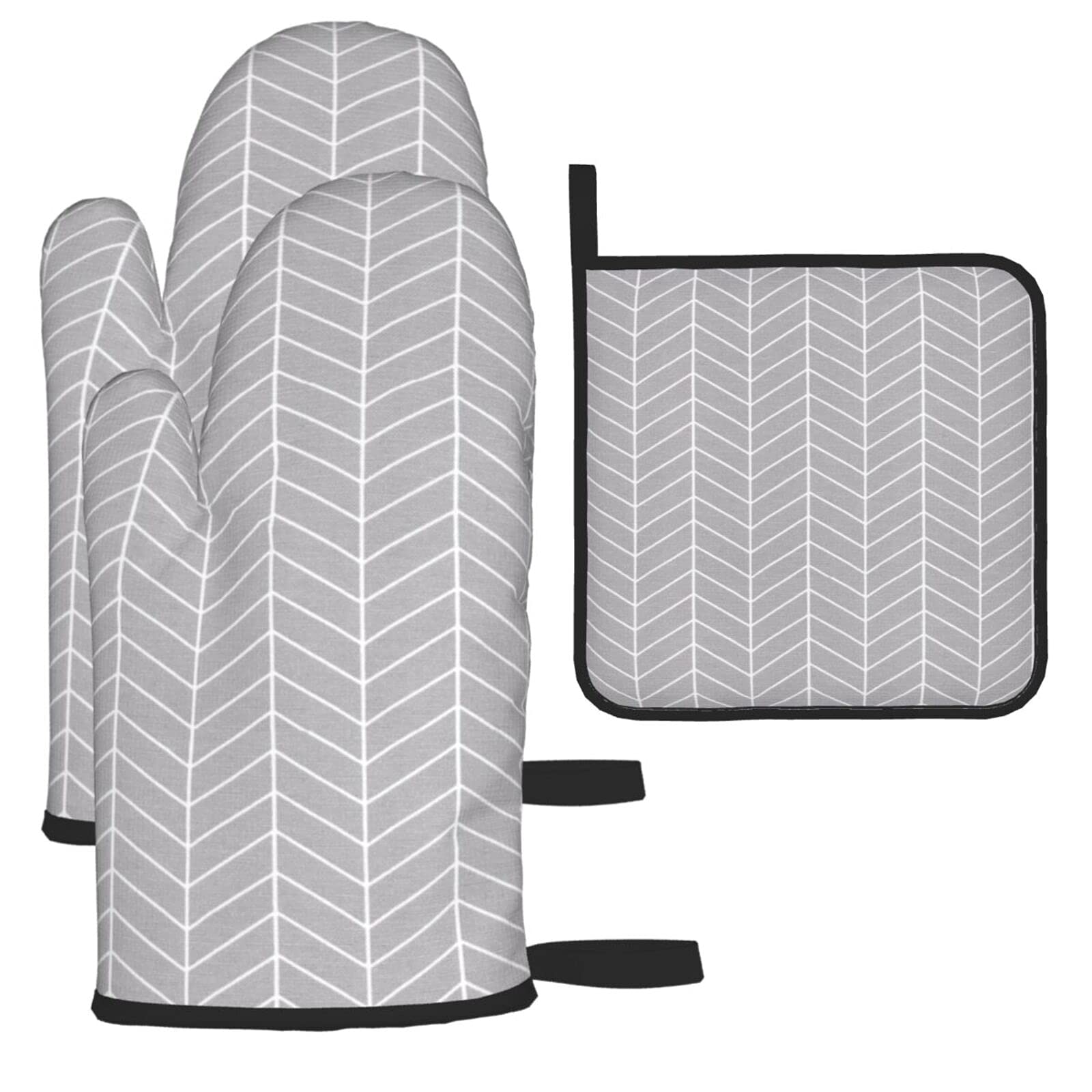 Heat Resistant Stripe Oven Mitt and Pot Holders Set - Non-Slip Kitchen Gloves for Baking, Cooking, Grilling & BBQ - Microwave Safe for Adults (3-Piece Grey Set) - Perfect for Holiday Cooking, Camping & Outdoor Barbecues