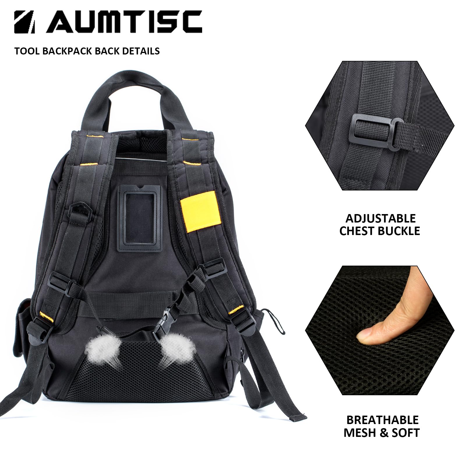 Heavy-Duty Tool Backpack for Men - AUMTISC Construction Work Bag with Multiple Pockets for Electricians, HVAC Techs & Repairmen | Durable Yellow Tool Storage Organizer | Perfect for Job Sites, Industrial Work & Home Repairs