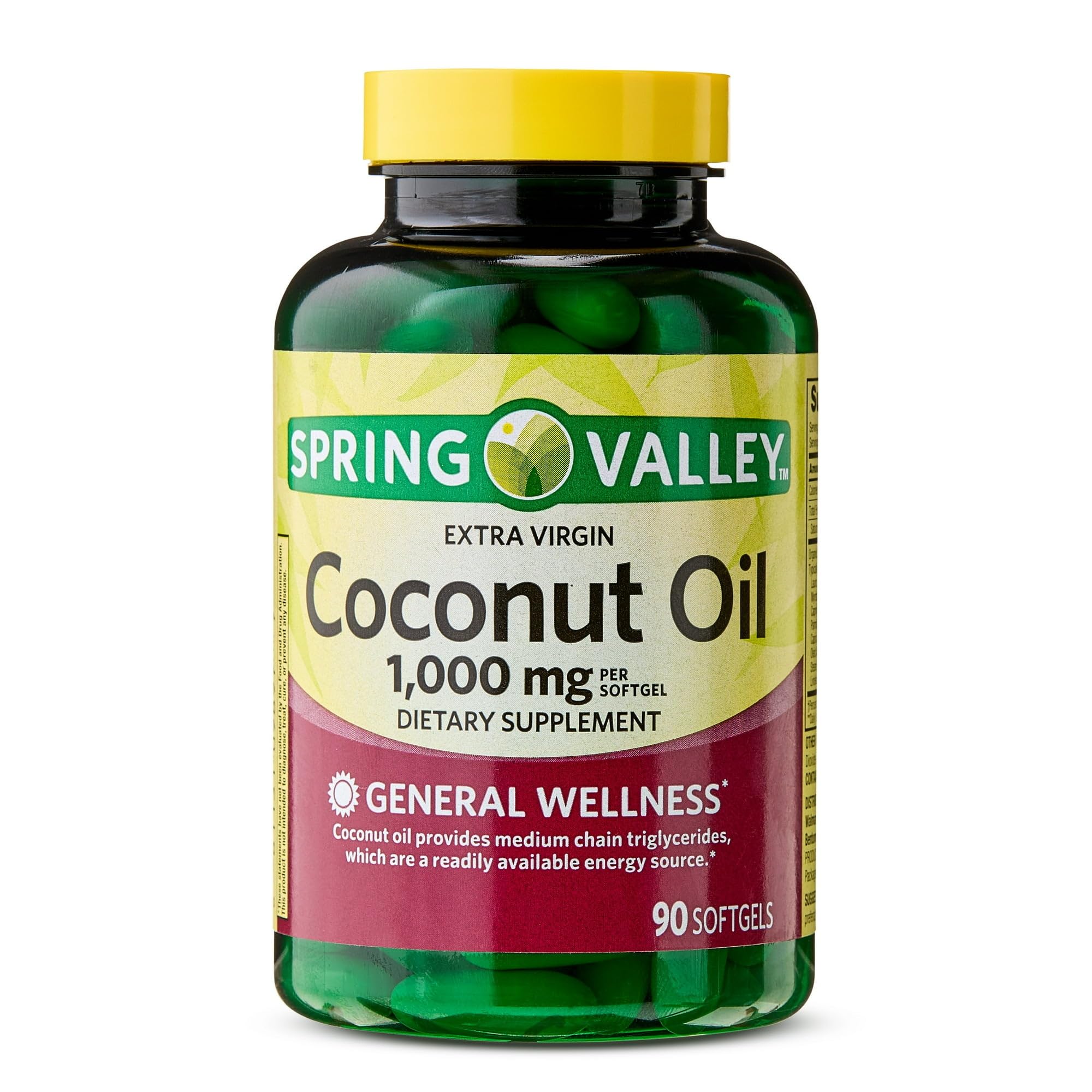 Spring Valley Extra Virgin Coconut Oil Softgel Capsules 1000mg - 90 Count (Pack of 1) | Supports Heart Health & Energy Boost | Perfect for Cooking, Smoothies & Hair Care