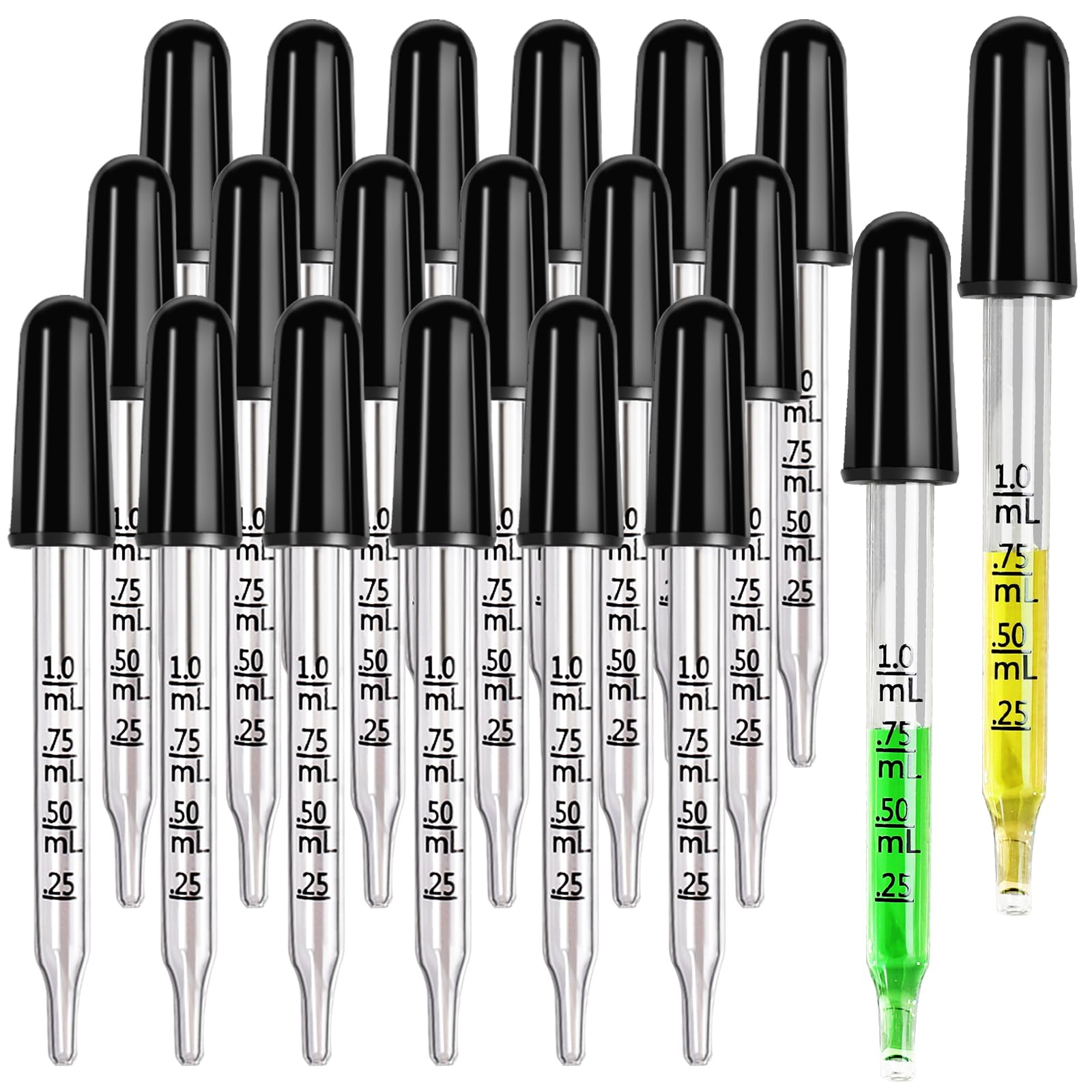 20 Pack 1mL Glass Eye Droppers for Essential Oils, Medicine & Lab Use - Straight Tip Pipette Droppers for Ear Care, Feeding & Scientific Experiments