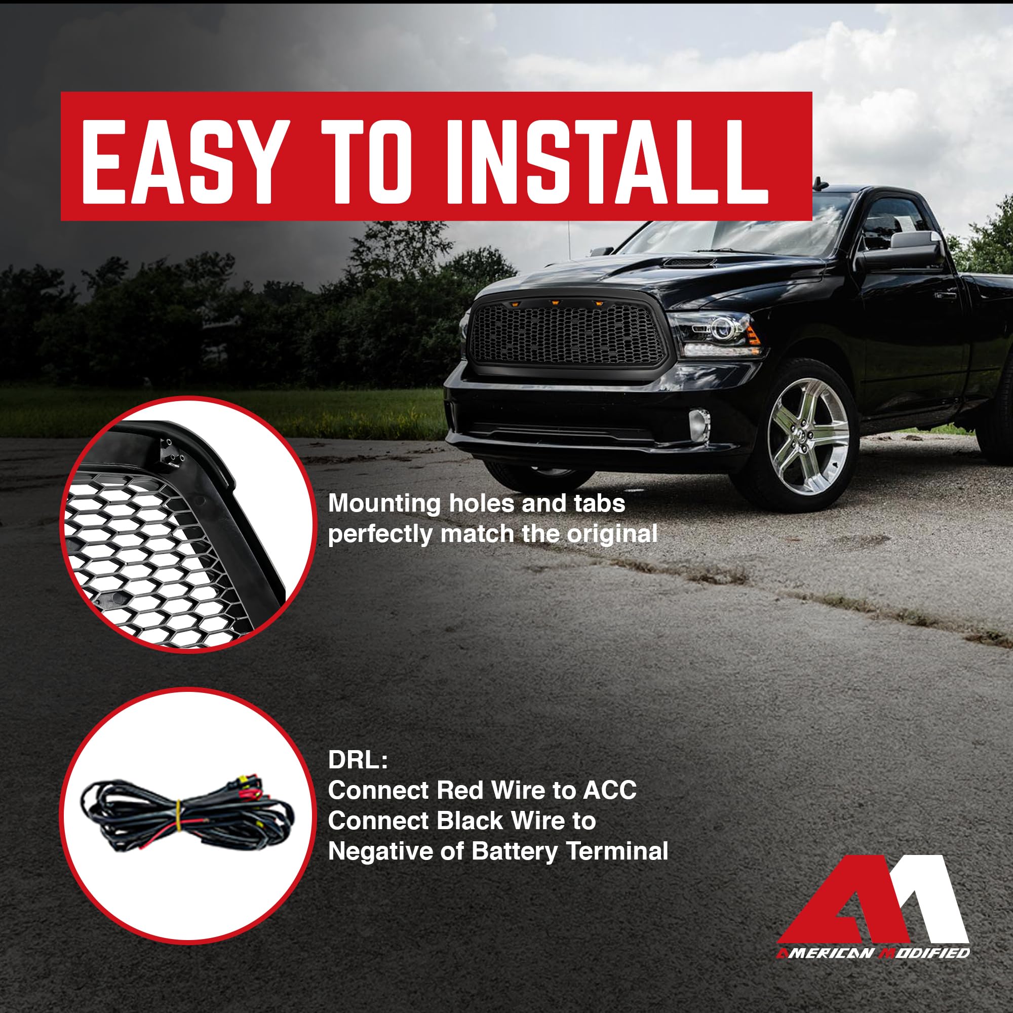 2013-2018 Dodge Ram 1500 Replacement Front Grille with Amber Lights - Matte Black Mesh Grill for Off-Road & Truck Customization | Enhanced Style & Durability for Pickup Trucks