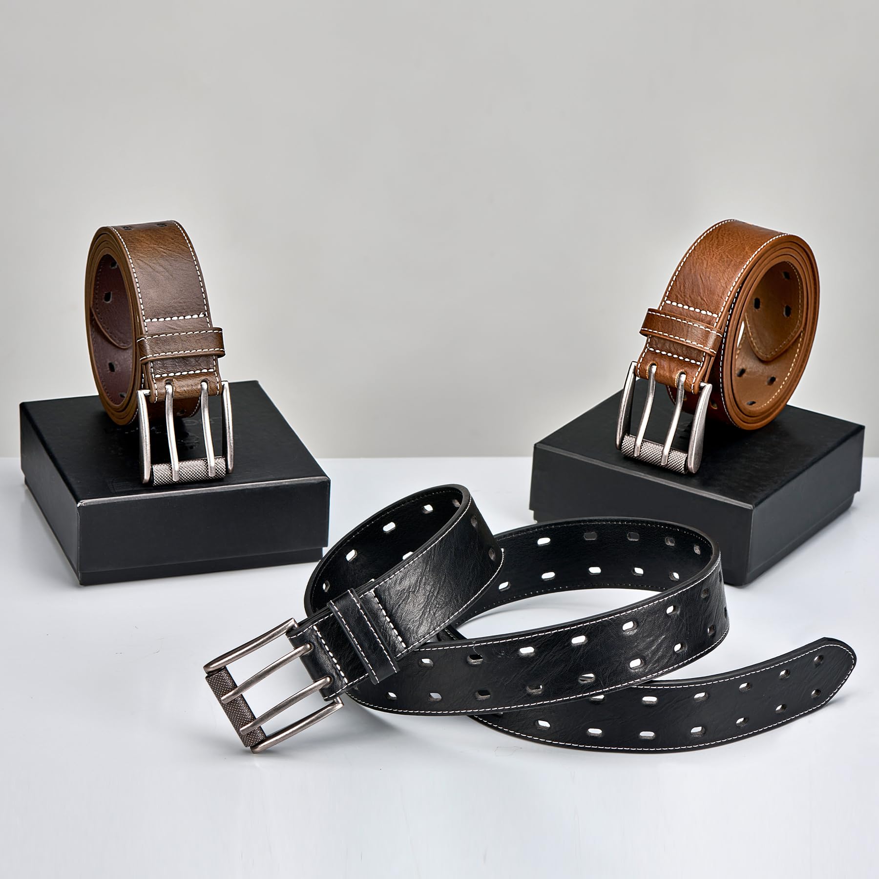 Premium Men's Leather Belt with Double Prong Buckle - Classic Casual & Heavy Duty Work Belt for Jeans & Pants - Perfect for Office, Daily Wear & Outdoor Activities