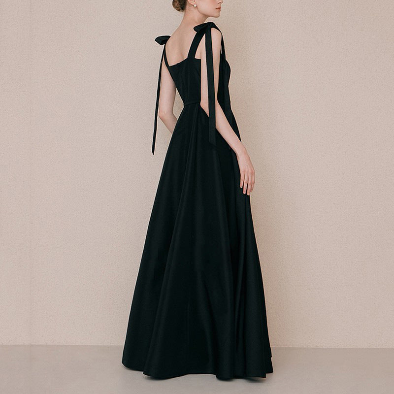 Elegant A-Line Black Satin Formal Evening Dress - French Style Party Gown for Women | Perfect for Weddings, Galas & Special Occasions