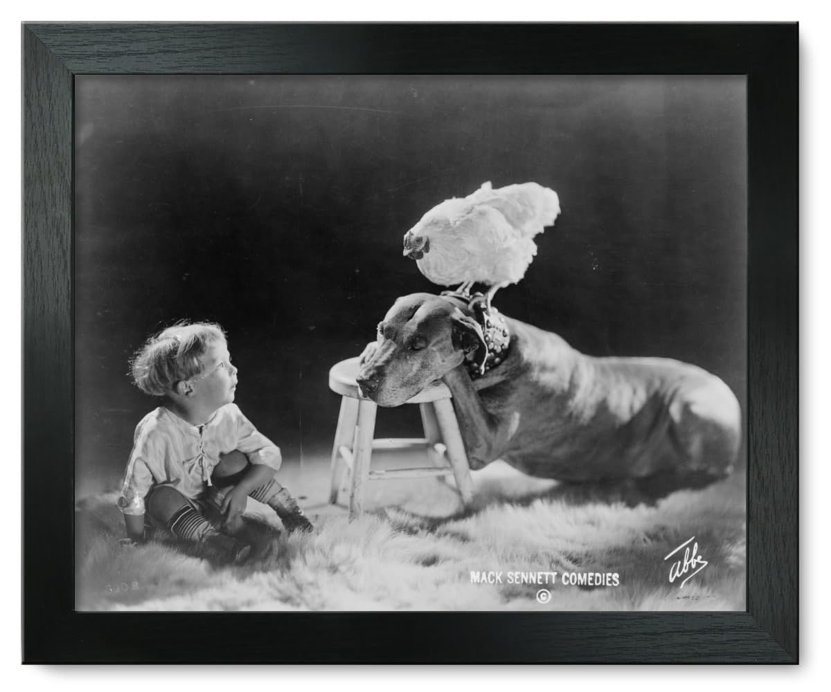 12x15 Framed Dog Art Print - Large Dog Resting Paws & Head on Footstool with Chicken Perched - Perfect for Living Room, Bedroom Decor & Pet Lover Gifts