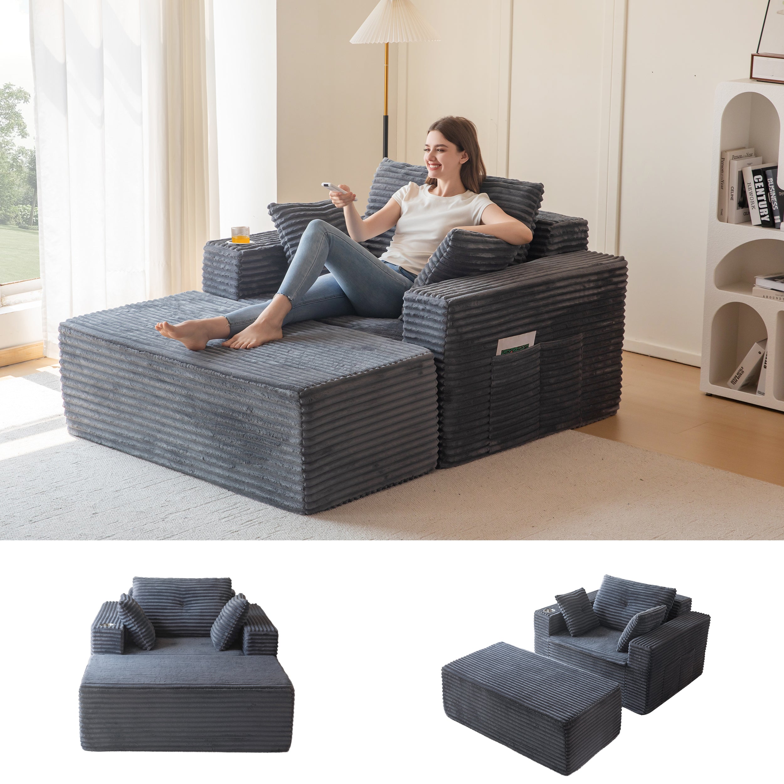 MAXYOYO Oversized Chaise Lounge Sofa - Modern Upholstered Living Room Chair with 3 Pillows & Ottoman | Comfortable Boneless Sofa Couch for Relaxing, Lounging & Napping | Deep Seat Sleeper Chair for Small Spaces & Apartments | Dark Grey No Assembly Required