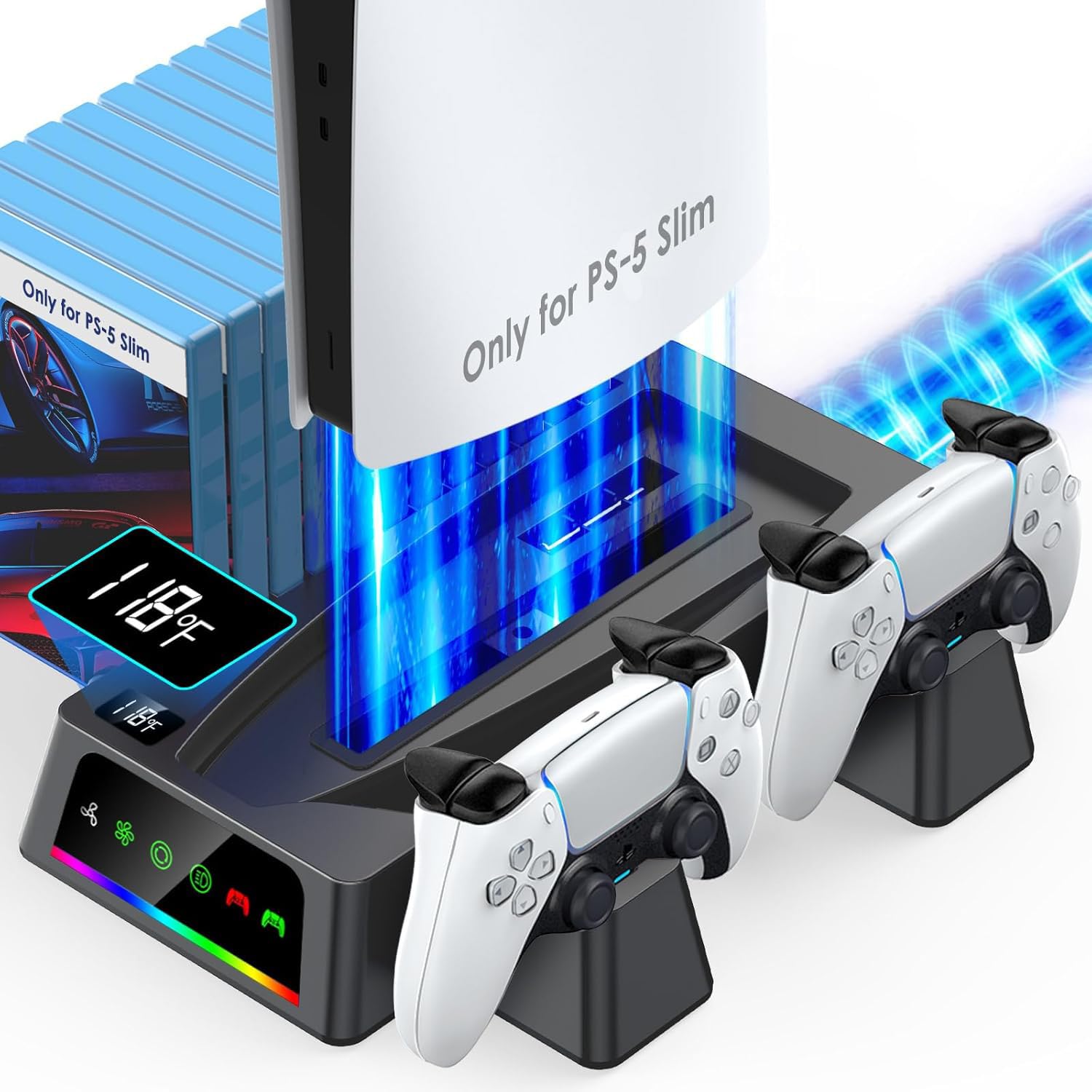 YOGES PS5 Slim Cooling Station with Temperature Sensor & Dual Controller Charger - 2H Fast Charging Stand for PlayStation 5 Slim | Cooling Fan & Accessories (Black) - Perfect for Gaming Sessions & Controller Organization