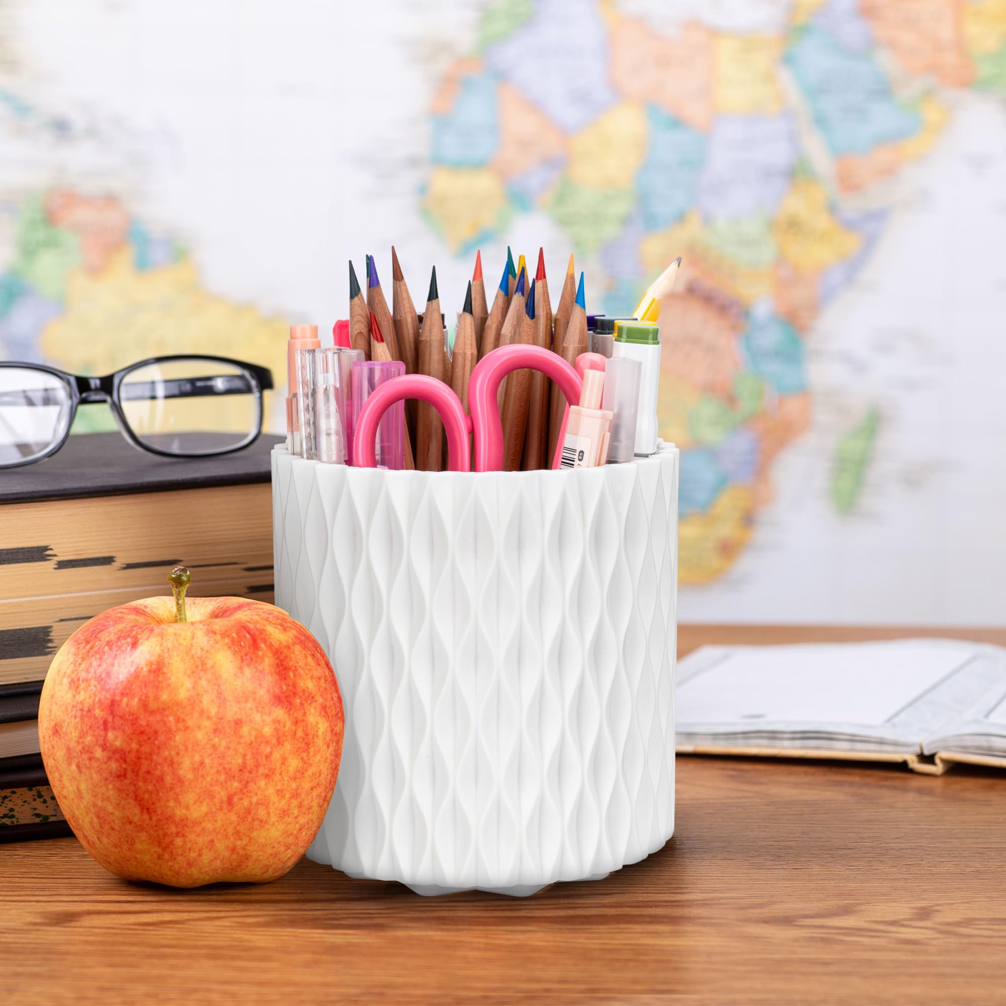 360° Rotating 5-Slot Pen Holder for Desk - White Office & School Pencil Organizer - Perfect for Work, Study, Dorm Room & Vanity Desk Accessories