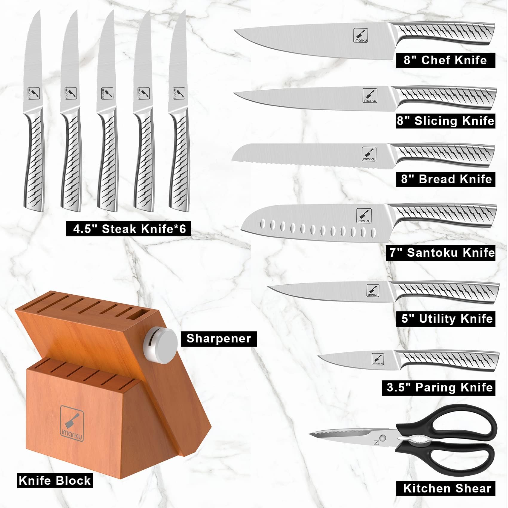 IMARKU 14-Piece Premium Kitchen Knife Set with Block & Sharpener - High Carbon Stainless Steel Knives for Cooking, Slicing & Chopping - Dishwasher Safe Silver Cutlery Set for Home Chefs & Professional Kitchens