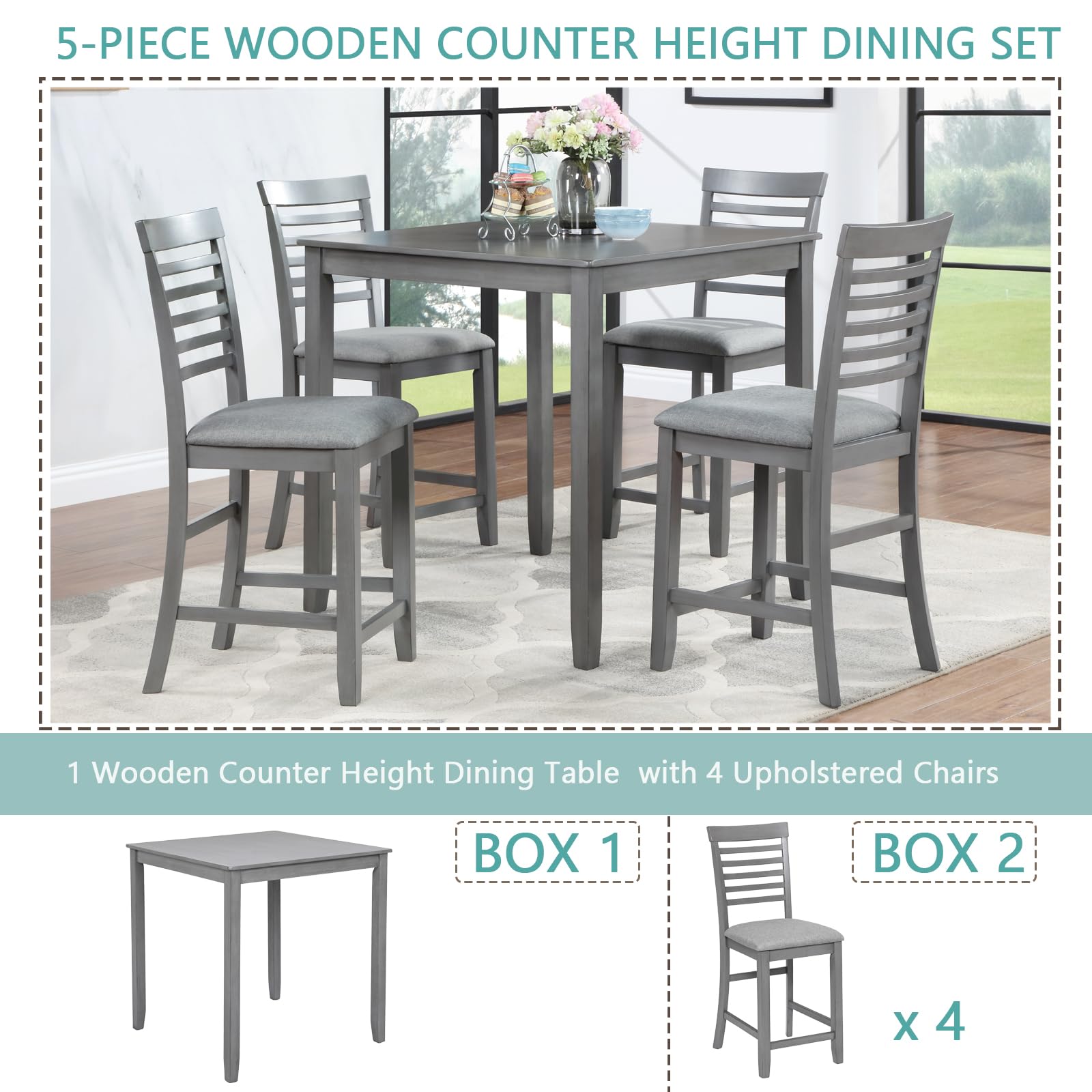 **Merax 5-Piece Counter Height Dining Table Set for 4 - Square Kitchen Table with 4 Linen Upholstered Chairs, Wooden Small Space Dining Set in Gray - Perfect for Apartments, Breakfast Nooks & Cozy Kitchens**