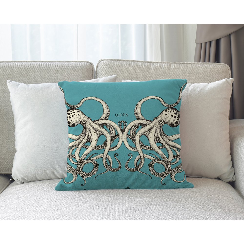Octopus Throw Pillow Cover 18x18 Inch - Soft Cotton Linen Decorative Cushion Case for Sofa, Bed & Home Decor - Blue Ocean Animal Theme - Perfect for Living Room, Nursery & Coastal Style Bedrooms