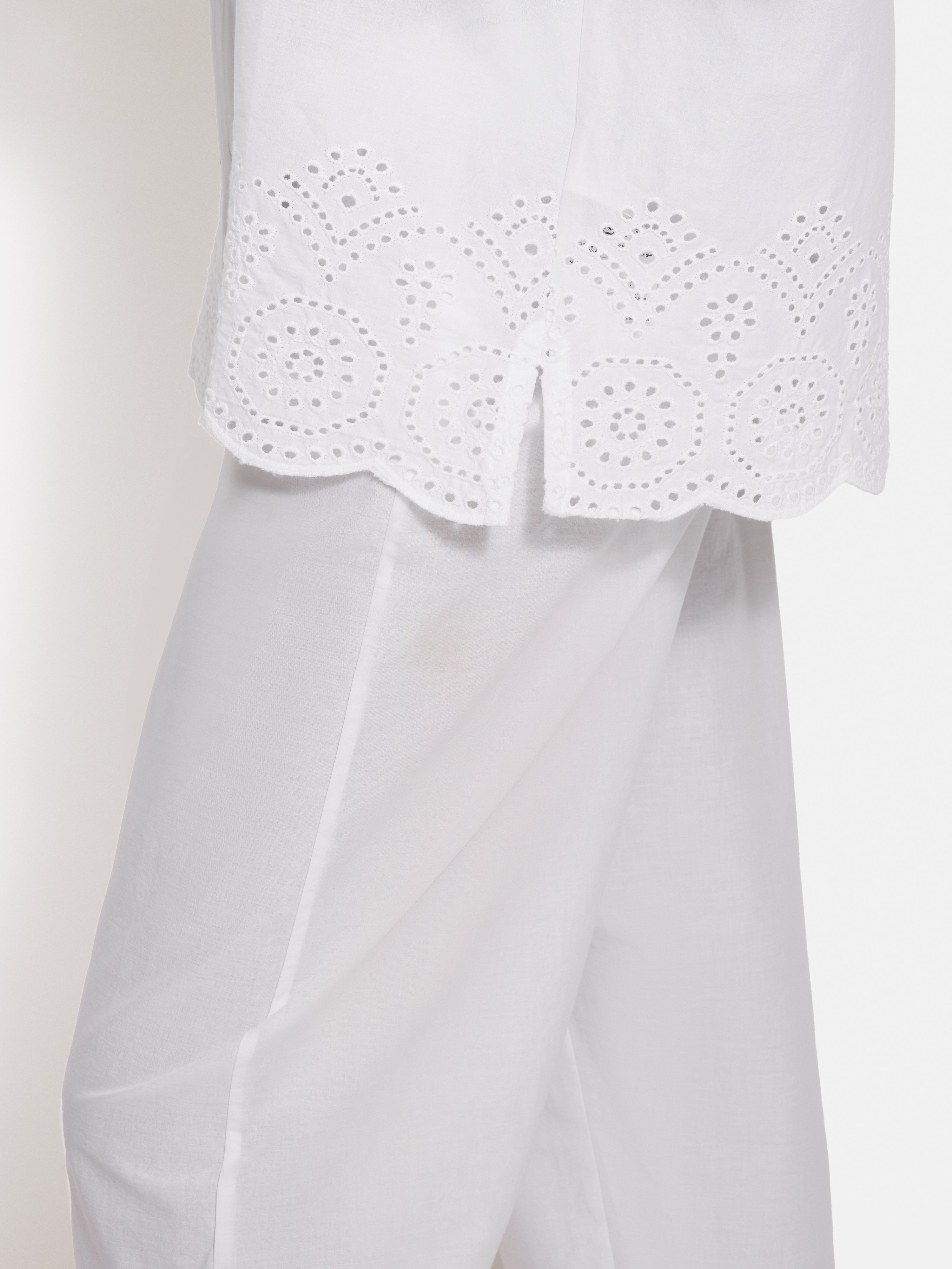 Broderie Anglaise Short Sleeve Cotton Pajama Top for Women - Breathable White Sleepwear for Summer Nights & Relaxing at Home