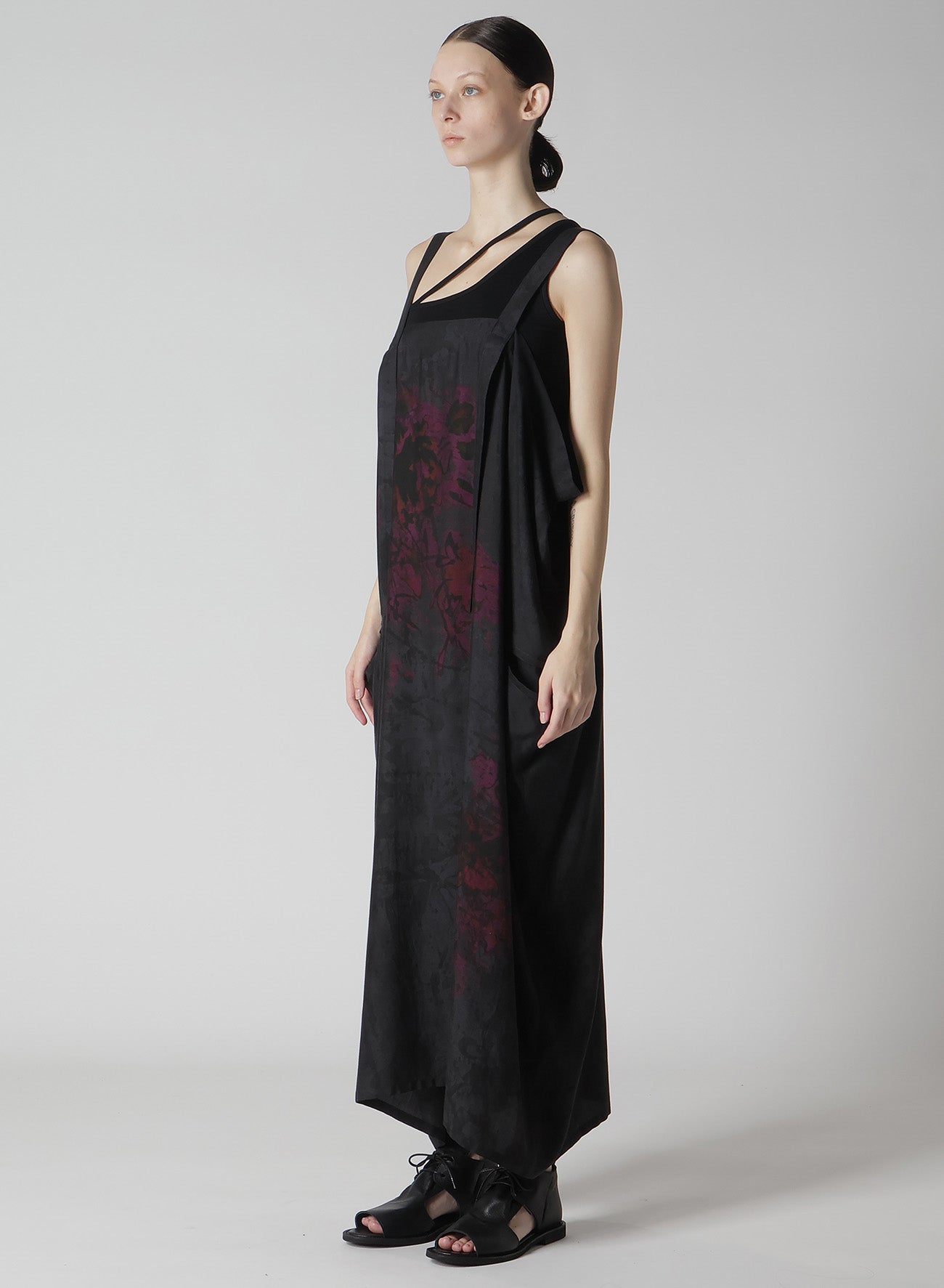 Cupro Dungaree Twill Floral & Asphalt Print Shoulder Strap Dress - Stylish Casual Wear for Women, Perfect for Summer Outings, Dates, and Office Attire