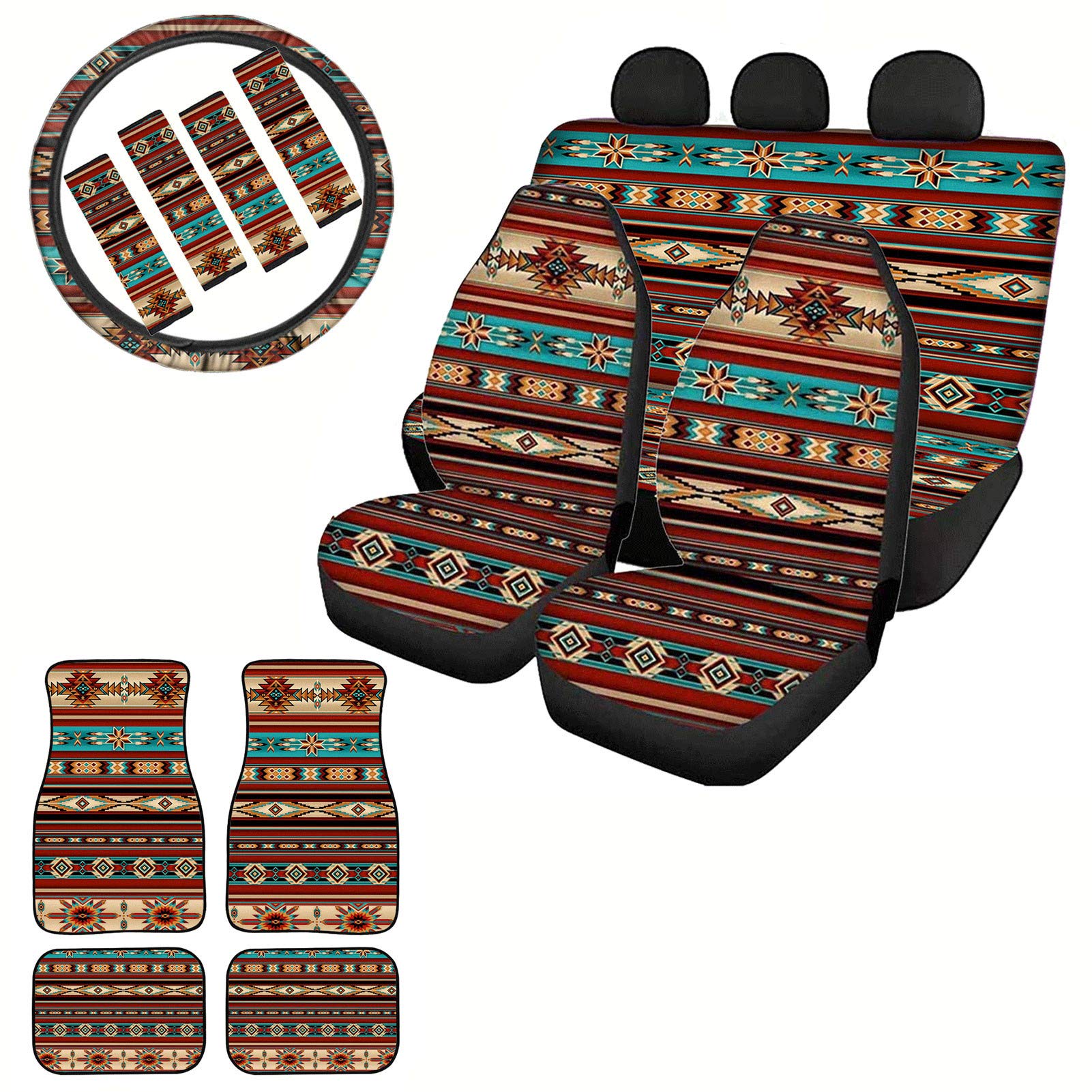Belidome Aztec Stripes Ethnic Car Seat Covers Set - 13-Piece Auto Interior Accessories with Floor Mats, Steering Wheel Cover & Seat Belt Pads | Perfect for SUVs, Trucks & Sedans - Stylish Protection & Comfort Upgrade