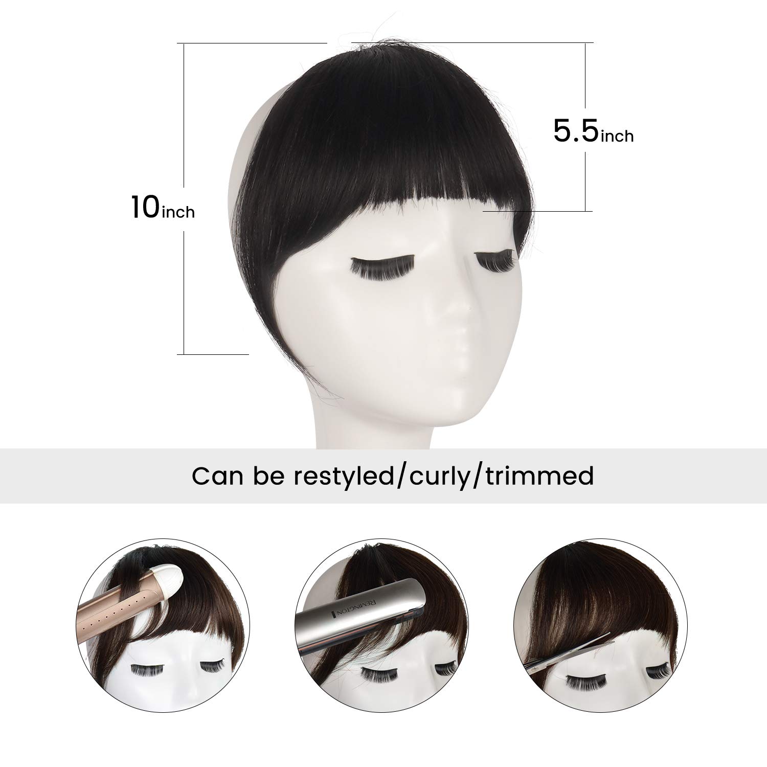FESHFEN Clip-in Bangs 100% Human Hair Extension - Natural Black Curved French Fringe Hairpiece for Women & Girls | Easy Clip-on Flat Bangs with Temples | Perfect for Daily Wear, Cosplay & Hairstyle Transformations