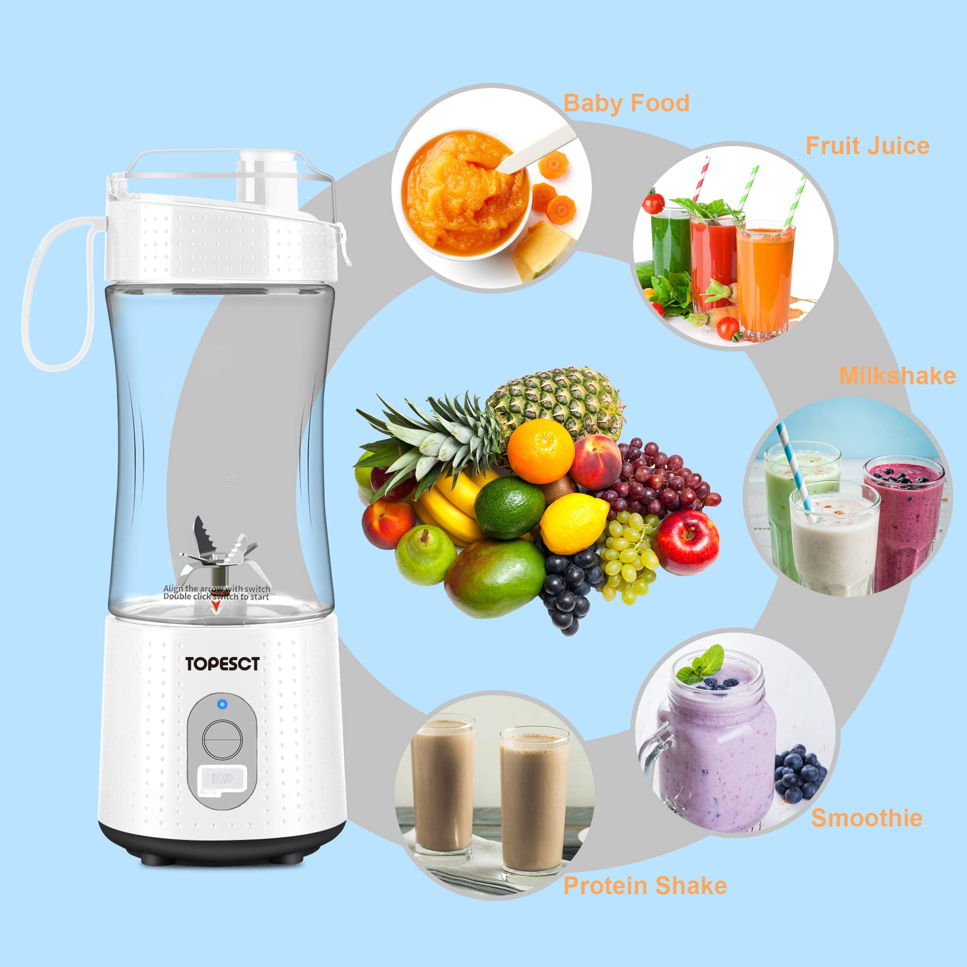TOPESCT 380ML Portable Blender for Smoothies, Shakes & Fresh Juice - 4000mAh Rechargeable Battery, 6 Sharp Blades - BPA-Free Mini Blender for Sports, Travel, Gym & Outdoor Activities (White)