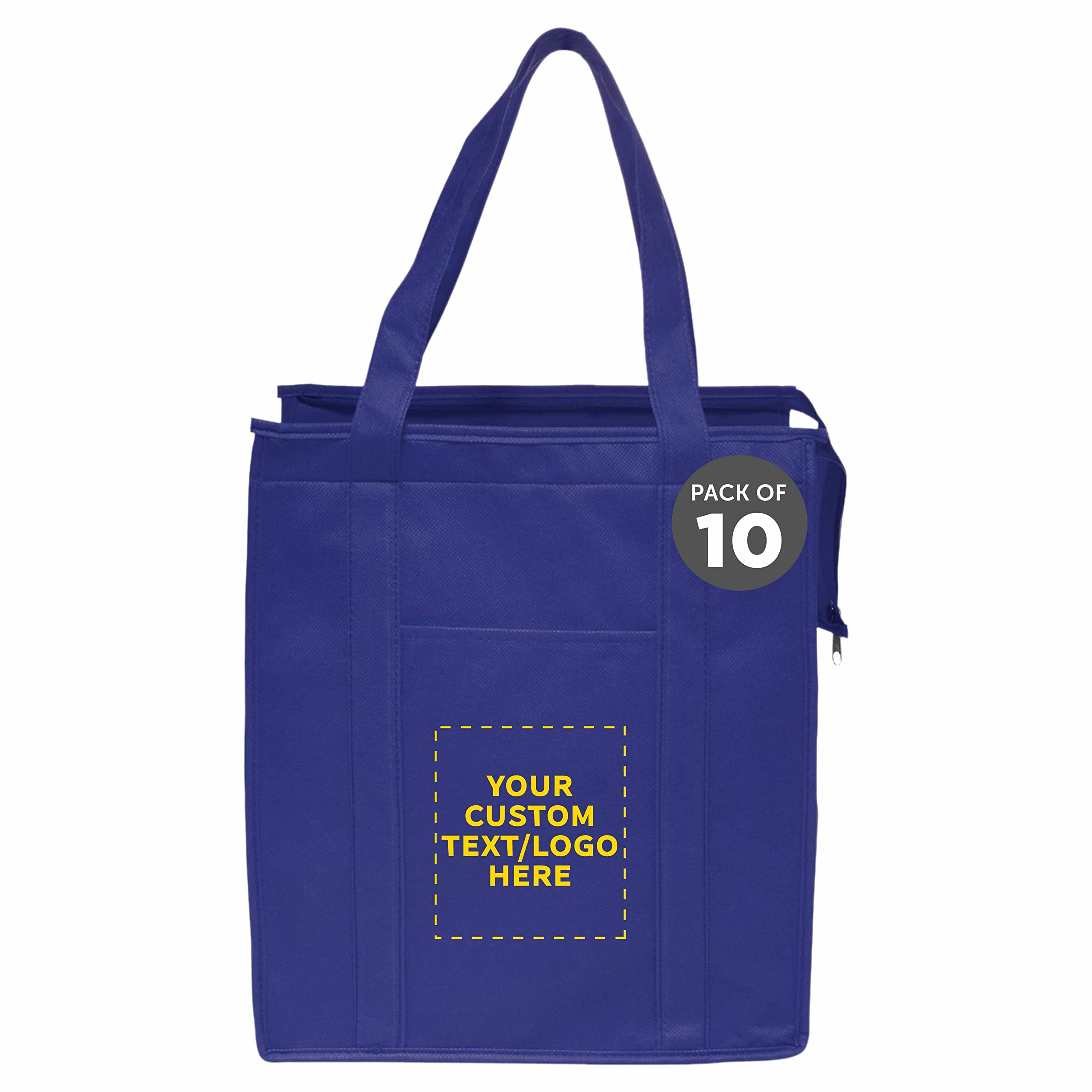 Custom Non-Woven Insulated Reusable Tote Bags Bulk Pack of 10 - Personalized Eco-Friendly Grocery Shopping Bags for Picnic, Camping, Beach & Outdoor Activities - Reflex Blue - Perfect for Farmers Markets, Corporate Events & Promotional Giveaways