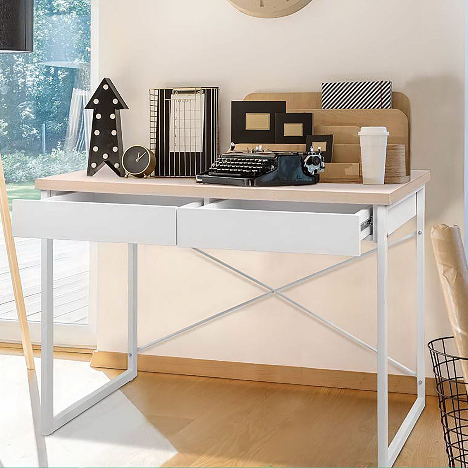 White Metal Desk with Wooden Top and Drawer - Modern Home Office Furniture for Small Spaces, Study & Workstation Setup