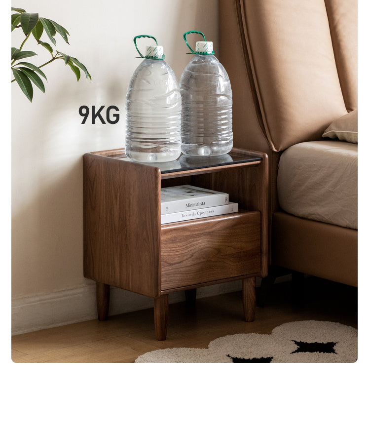 Premium Black Walnut Solid Wood Nightstand with Tempered Glass Top - Modern Bedside Table for Bedroom, Living Room, or Office Use