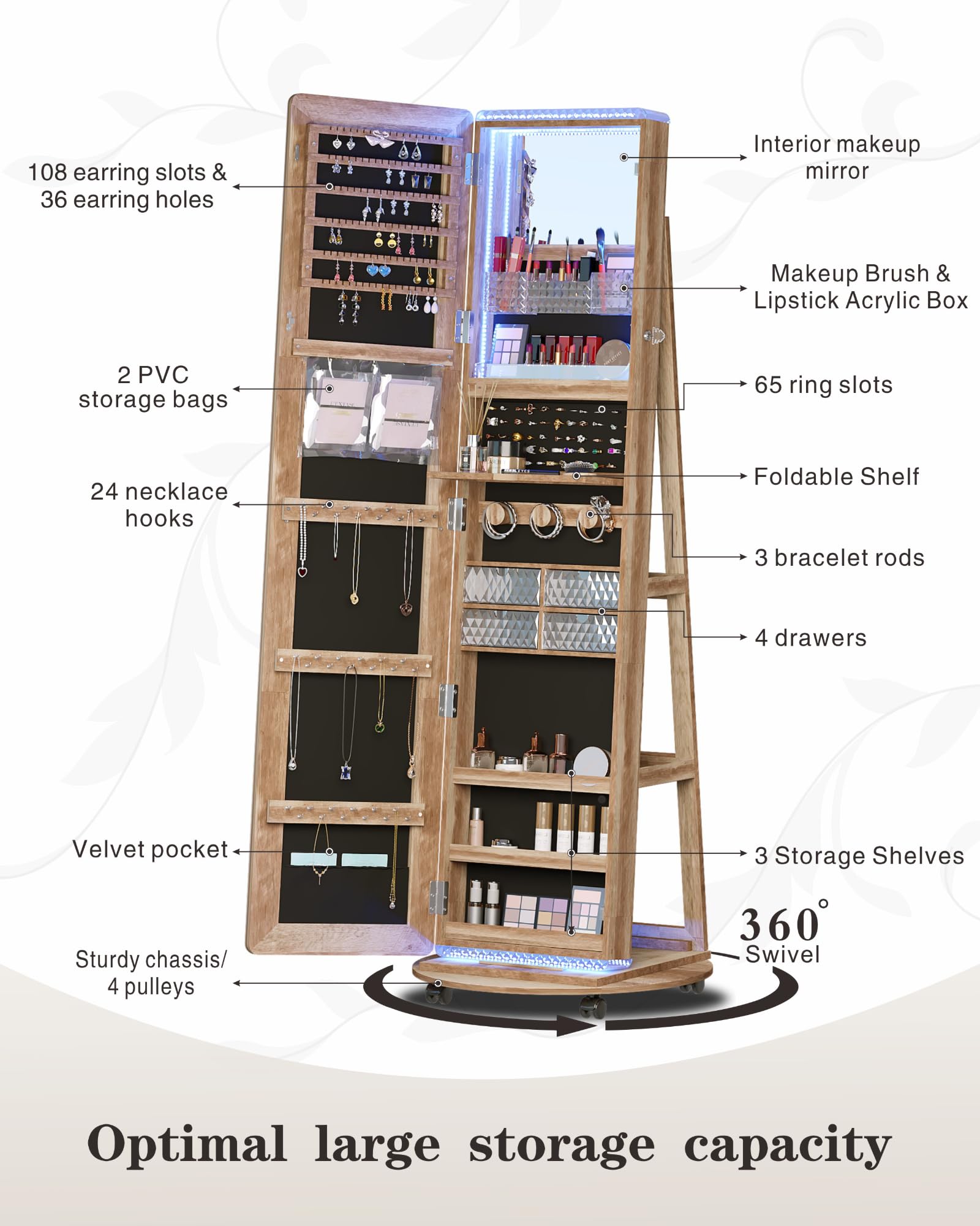 360° Swivel Full-Length Mirror Jewelry Cabinet with LED Lights - Jewelry Armoire Organizer with Storage Shelves & Floor Stand - Perfect for Bedroom, Closet & Dressing Room Decor