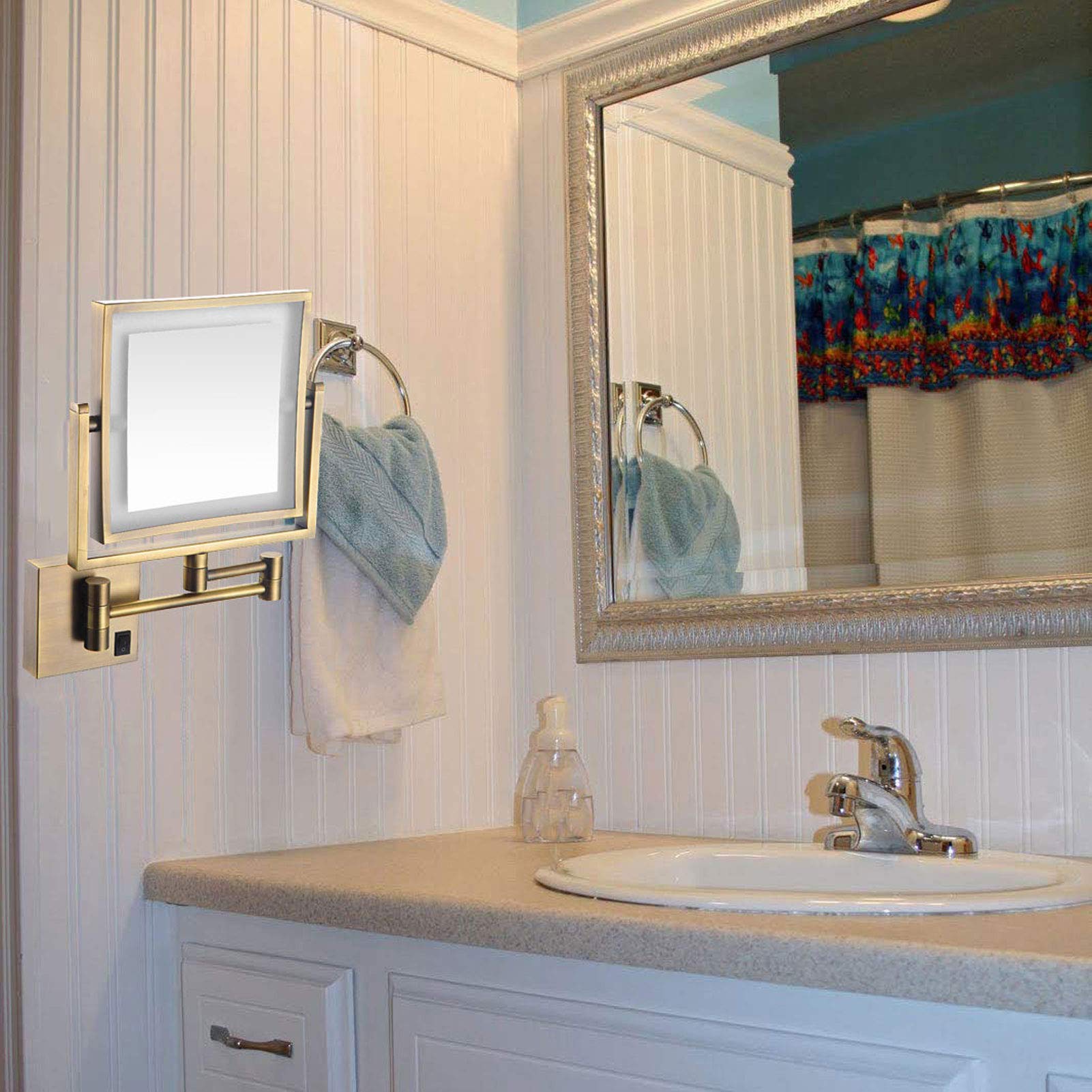 8 Inch Gold Double-Sided Wall Mount Makeup Mirror with LED Lights - 360° Swivel & Extendable Vanity Mirror with 3X Magnification for Bathroom, Bedroom & Dressing Table | Perfect for Makeup Application, Skincare & Hair Styling