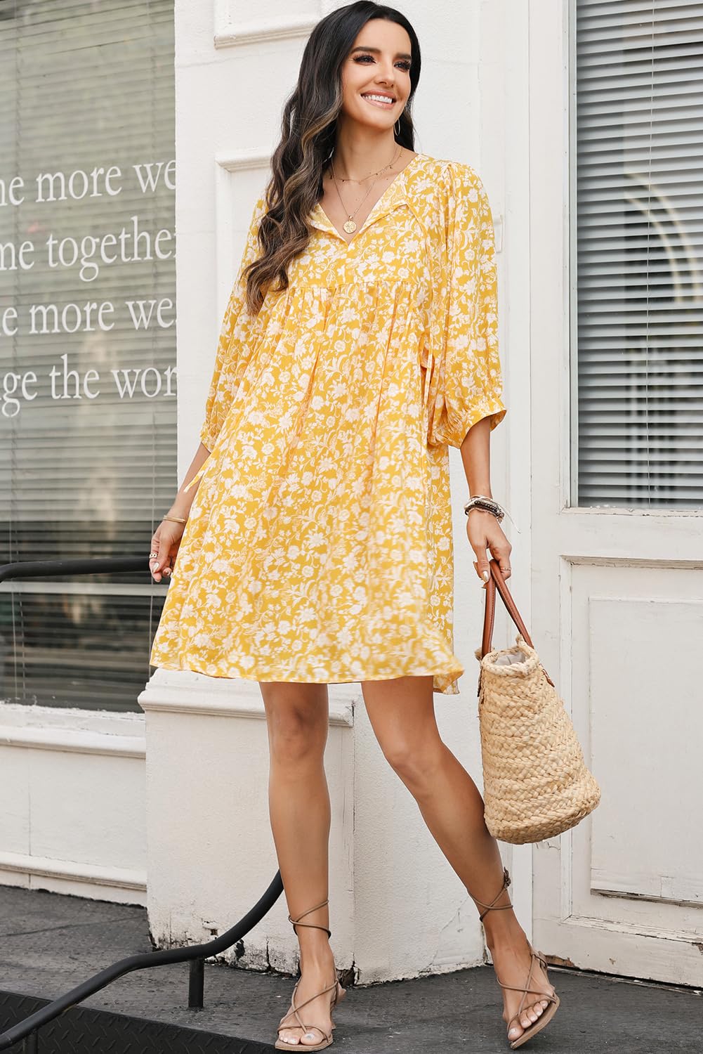 Dokotoo Women's Summer Dresses 2025 - Boho Floral Print Chiffon Mini Dress with V-Neck & Lantern Sleeves | Beach Vacation Sundress, Casual Outfit for Summer Parties & Tropical Getaways