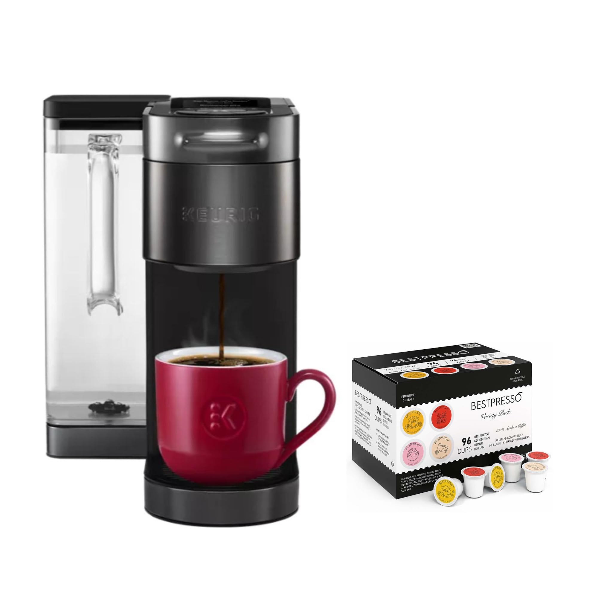 Keurig K-Supreme Plus Smart Single Serve Coffee Maker with 96-Count Variety K-Cup Pods Bundle - Gray | Includes Breakfast Blend, Colombian, Donut Shop & Italian Roast | Perfect for Home, Office & Small Business Use