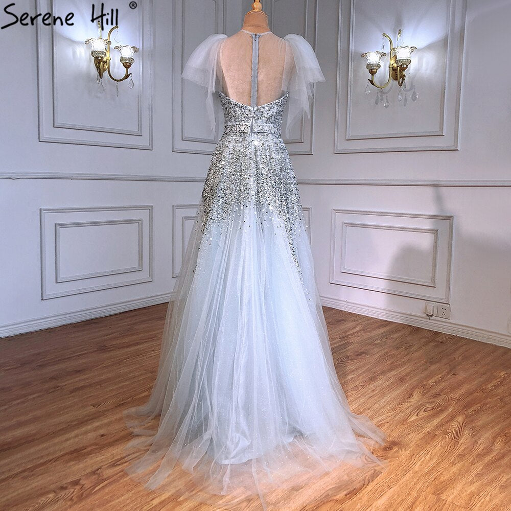 Serene Hill Luxury A-Line Grey Evening Dresses for Women 2025 - Beaded Detachable Sleeves Formal Gowns for Parties, Prom, Weddings & Special Occasions