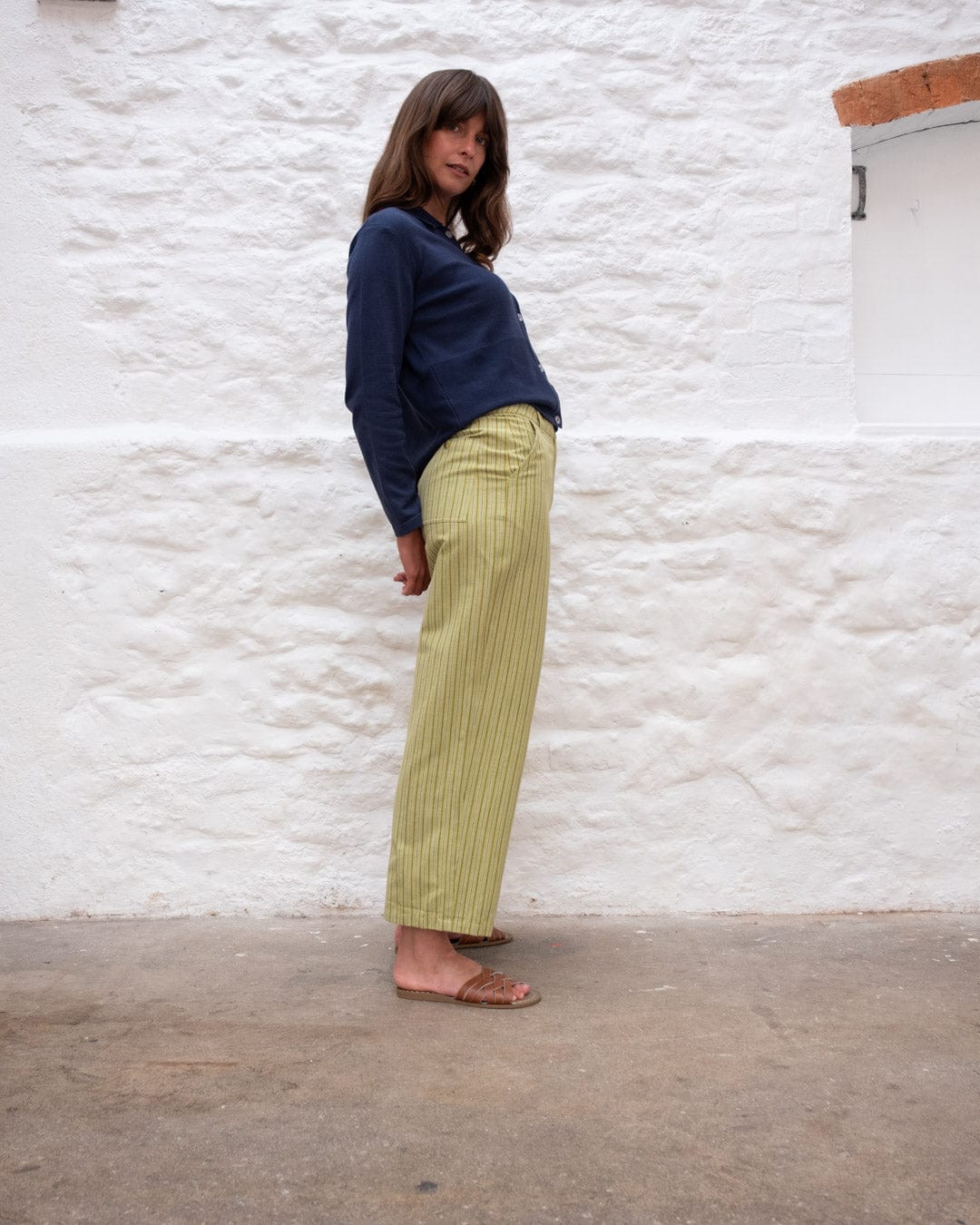 Harper Women's Cotton & Linen Wide Leg Pants | Avocado Stripe | Comfortable & Breathable Casual Trousers for Work, Travel & Summer Outfits