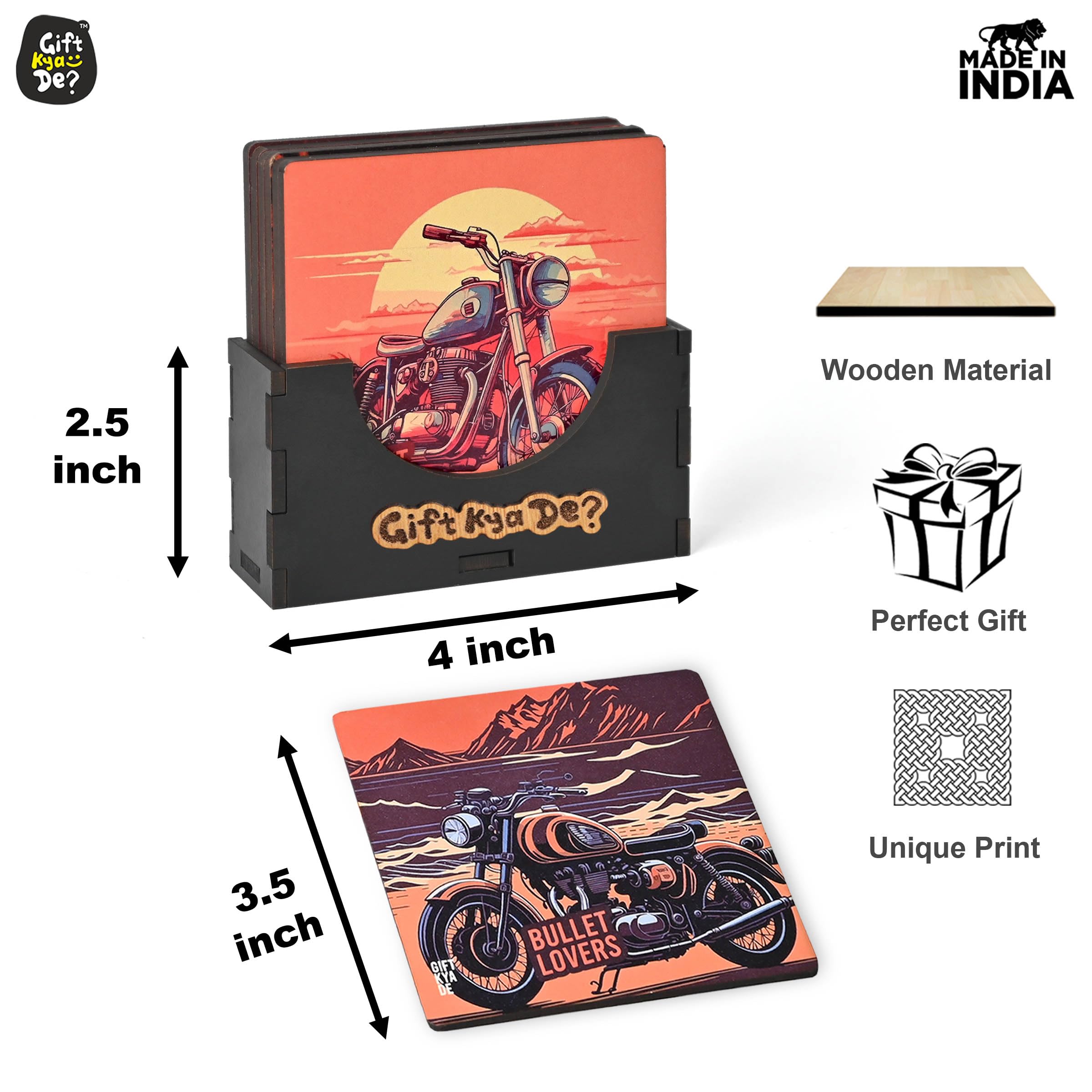 GKD 6-Piece Bullet Bike Coaster Set with Stand - Perfect for Tea, Coffee & Glasses - 3.8x3.8 Inch Square RE Bike Design - Ideal for Motorcycle Enthusiast Gifts & Home Bar Decor