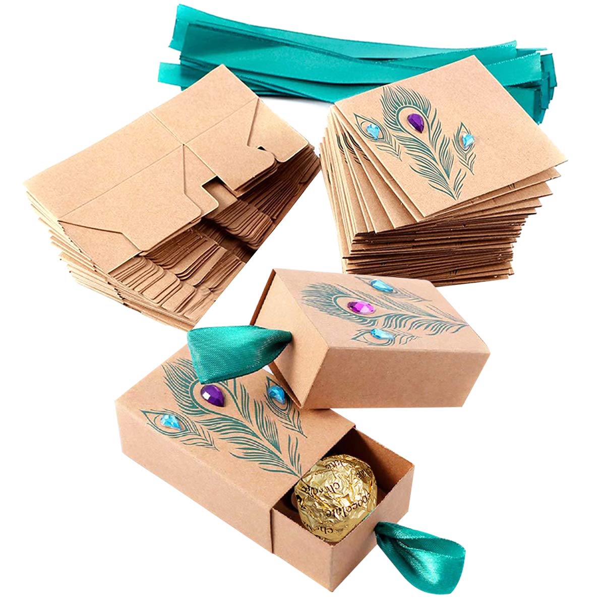 Vintage Kraft Paper Candy Boxes - 50pcs Peacock Feather Design Travel Theme Party Favors for Weddings, Birthdays & Bridal Showers | Perfect for DIY Gift Bags & Event Decorations