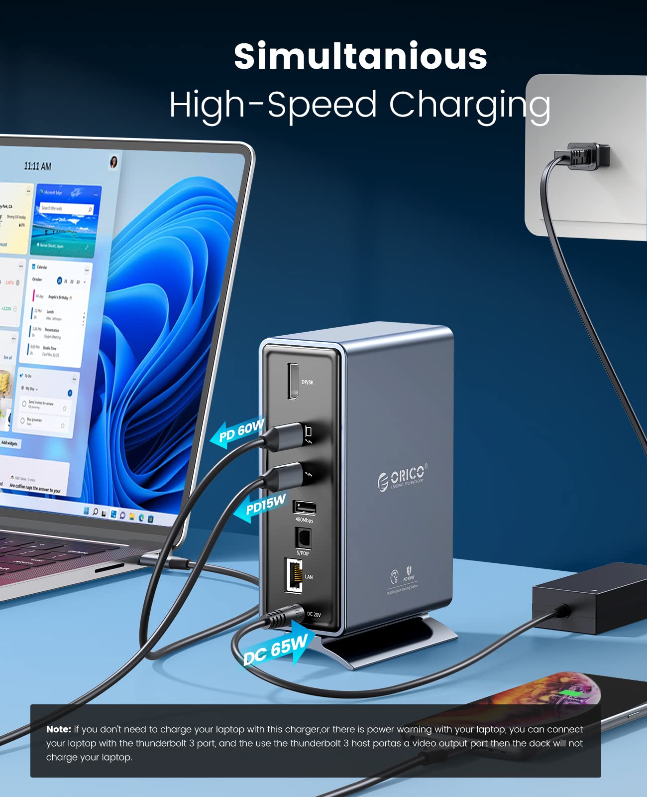 ORICO 16-in-1 Thunderbolt 3 Docking Station for MacBook Pro/Dell/Lenovo - Dual 4K Monitor Support, 65W PD Charging, 10Gbps USB-C, Gigabit Ethernet - Perfect for Home Office & Video Editing (Silver)