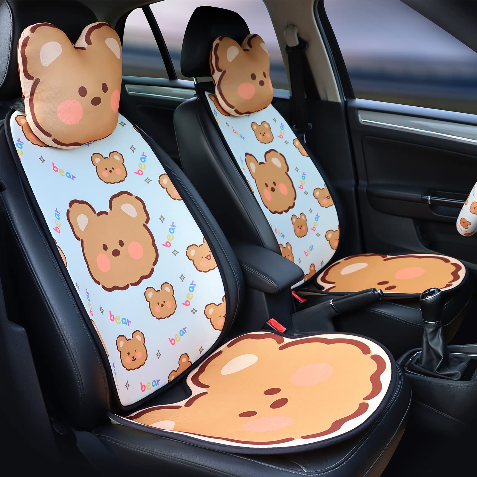 Cute Bear Cartoon Front Car Seat Cover for Women & Girls - Breathable Universal Fit for Sedan/SUV/Pickup/Van with Headrest & Steering Wheel Cover - Perfect for Daily Commute, Road Trips & Family Travel