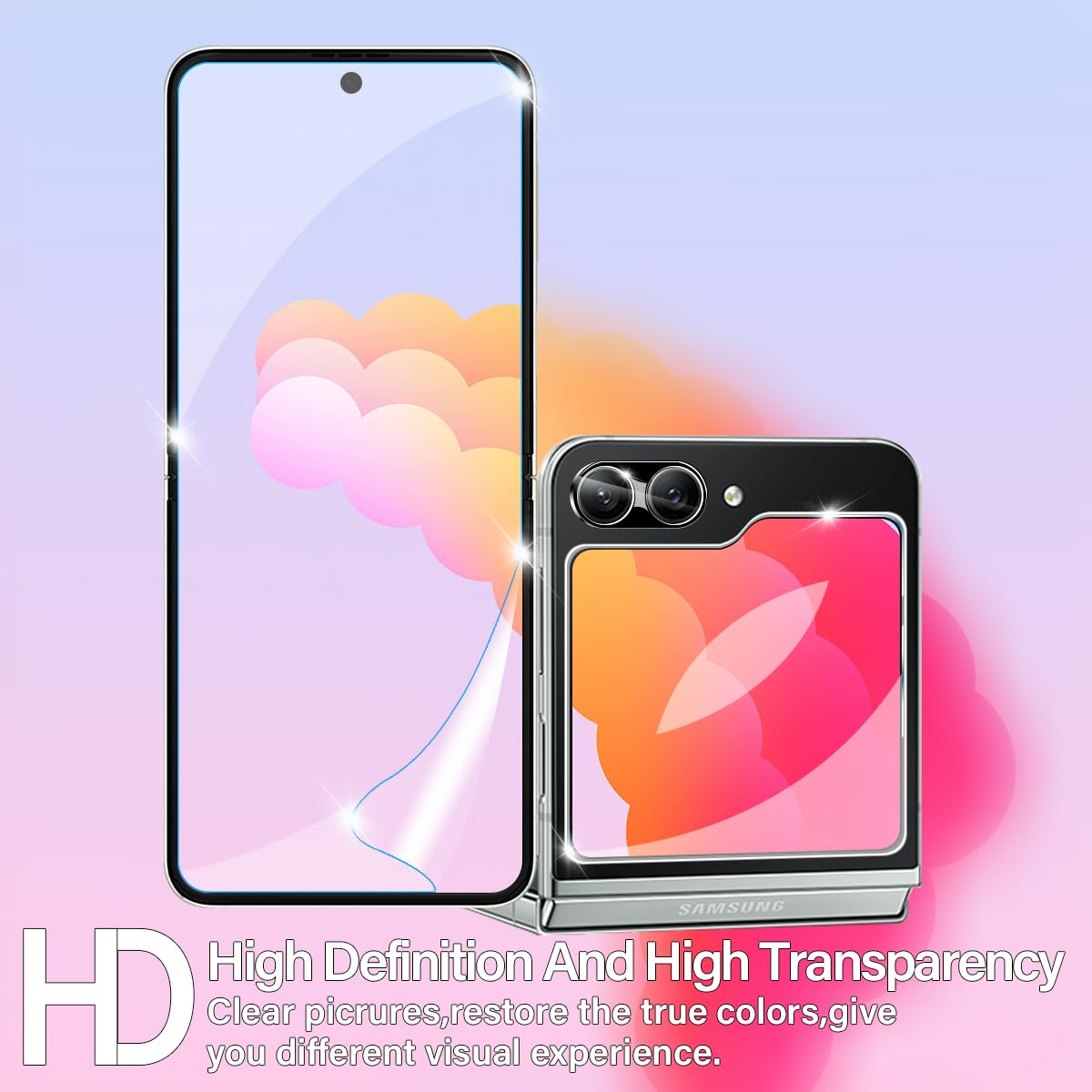 BIGFACE [6 in 1] Screen Protector Kit for Samsung Galaxy Z Flip 5 - 2 Pack Flexible Film Screen Protectors + 2 Pack Tempered Glass Back Protectors + 2 Pack Camera Lens Protectors - Perfect for Everyday Protection and Scratch Resistance