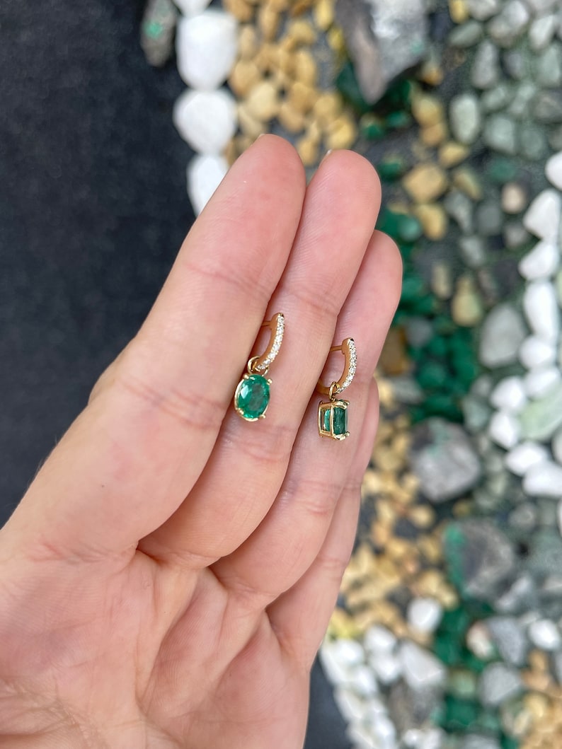 2.0tcw Oval Cut Emerald and Diamond Dangle Earrings in 14K Gold - Elegant Green Gemstone Jewelry for Women, Perfect for Weddings, Parties & Special Occasions