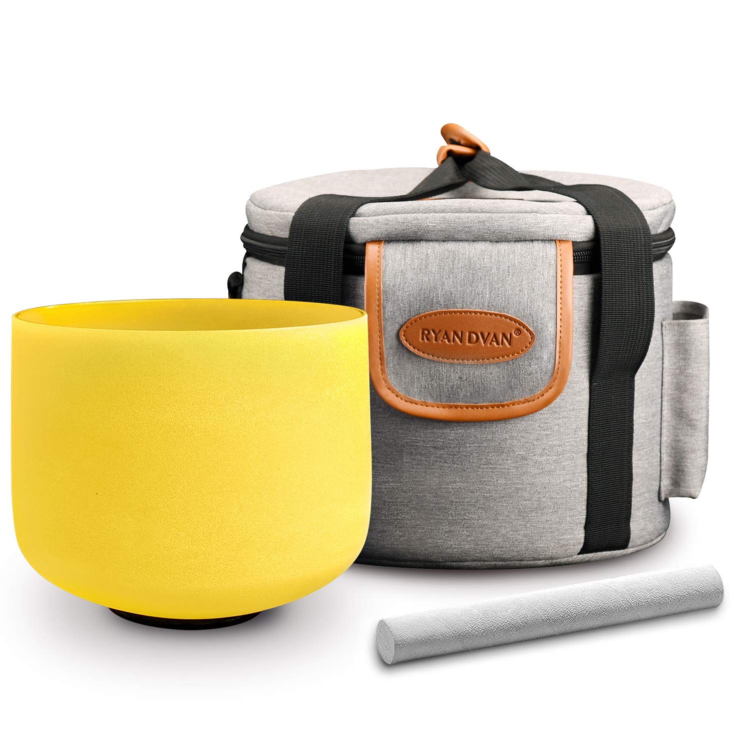 Ryan Dvan 440 Hz Perfect Pitch 8-Inch E Note Yellow Frosted Solar Plexus Chakra Crystal Singing Bowl with Padded Carrying Case & Suede Striker - Meditation, Yoga, Sound Healing Therapy Instrument for Relaxation & Spiritual Practice