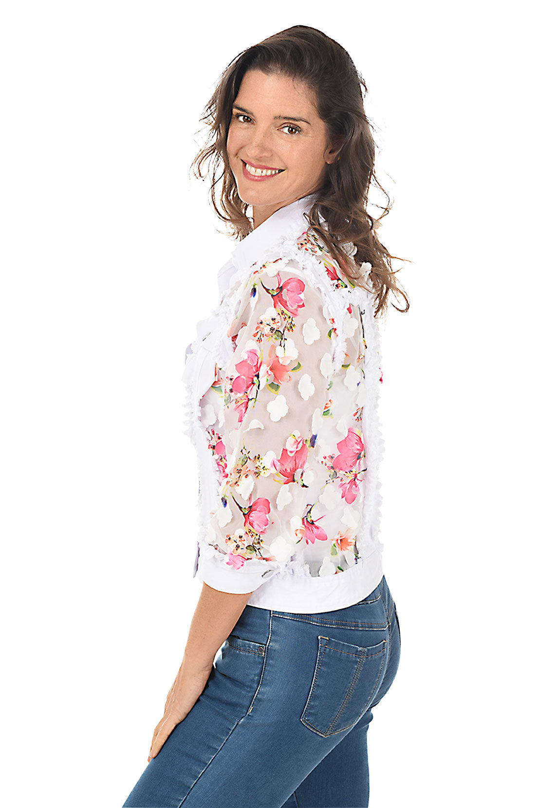 Distressed Denim Jacket with Sheer Flower Petal Design - Vintage Style Lightweight Jacket for Women - Perfect for Spring Outfits, Music Festivals & Casual Streetwear