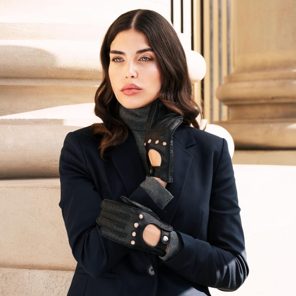 Premium Women's Winter Gloves - Maria Black Genuine American Deerskin Leather Driving Gloves (Black) - Warm & Stylish for Cold Weather Commuting, Driving & Outdoor Activities