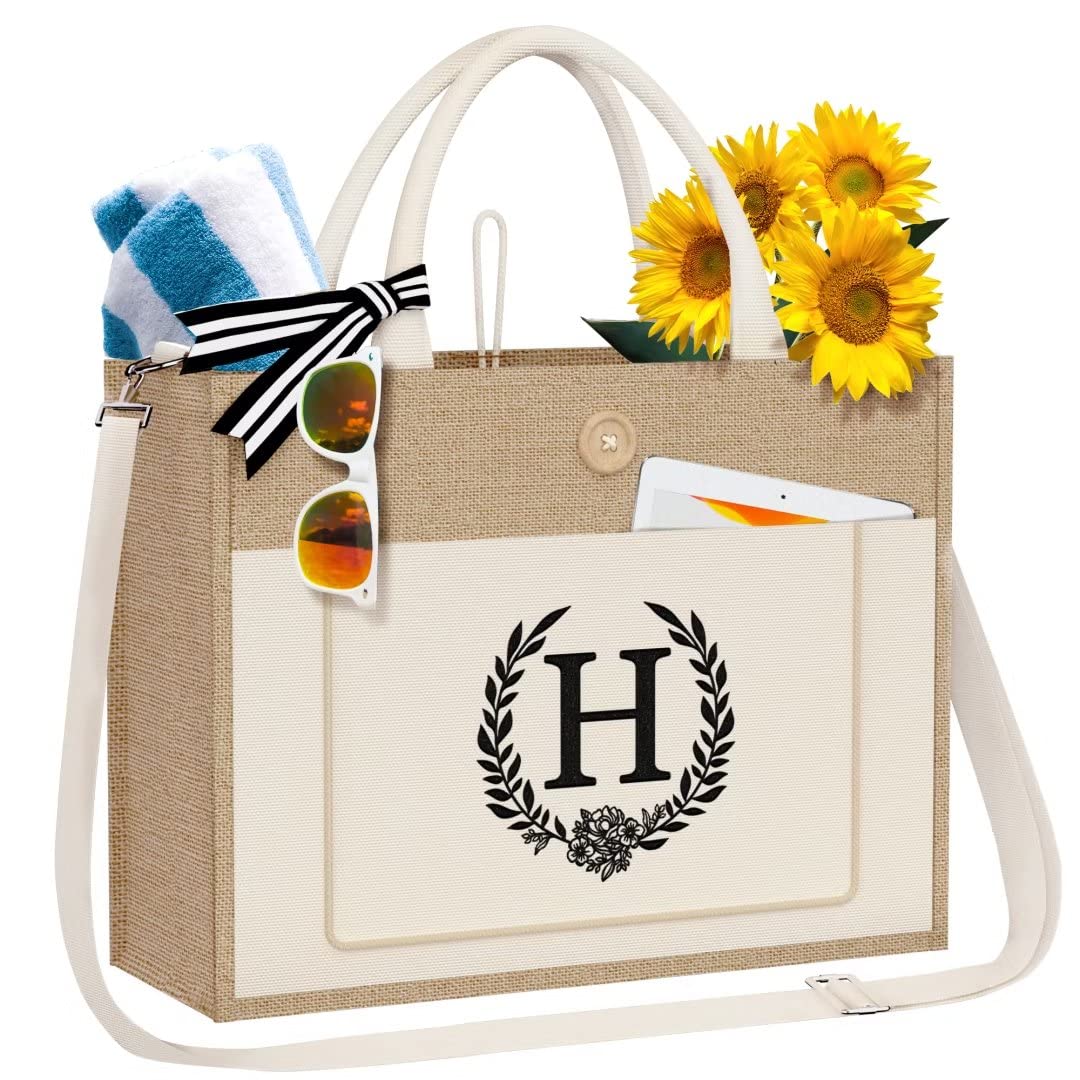 Personalized Initial Jute Tote Bag for Women - Reusable Grocery Bag with Zipper Pocket & Adjustable Strap - Great Birthday Gift for Coworkers, Teachers, Hostess & Bridal Shower (Letter H) - Perfect for Shopping, Beach Trips & Daily Commute
