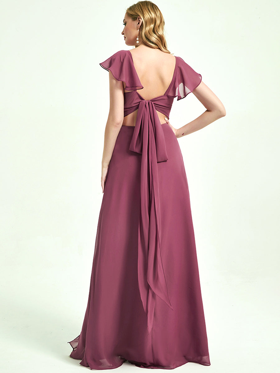 Elegant Dusk Ruffle Cap Sleeve Floor-Length Chiffon Bridesmaid Dress with High Slit | Formal Wedding Party Gown for Bridesmaids, Evening Gala & Special Occasions