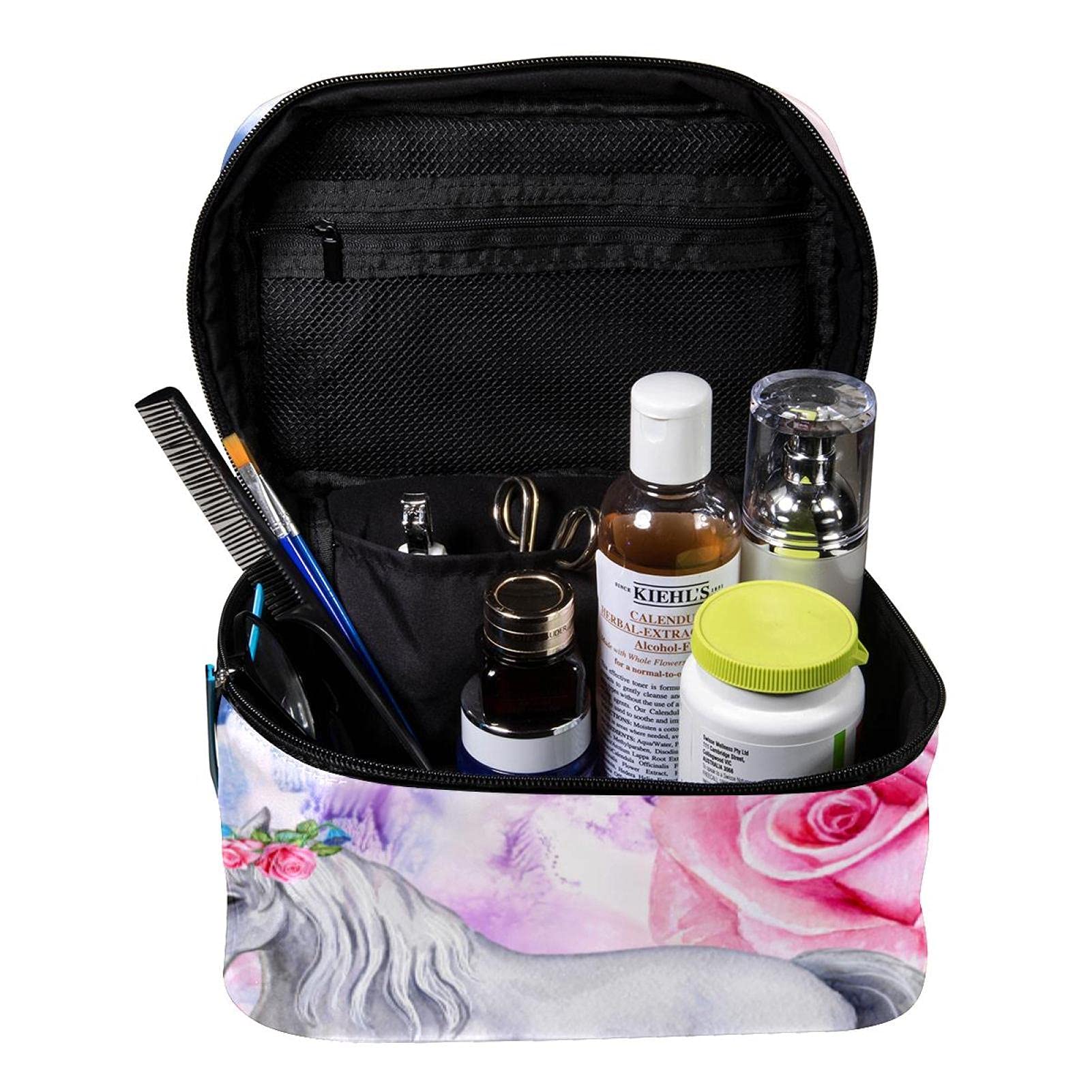 Unicorn Fairies Magic Rose Floral Travel Makeup Bag - Large Cosmetic Organizer with Zipper for Women & Girls - Perfect for Travel, Gym, and Daily Beauty Storage
