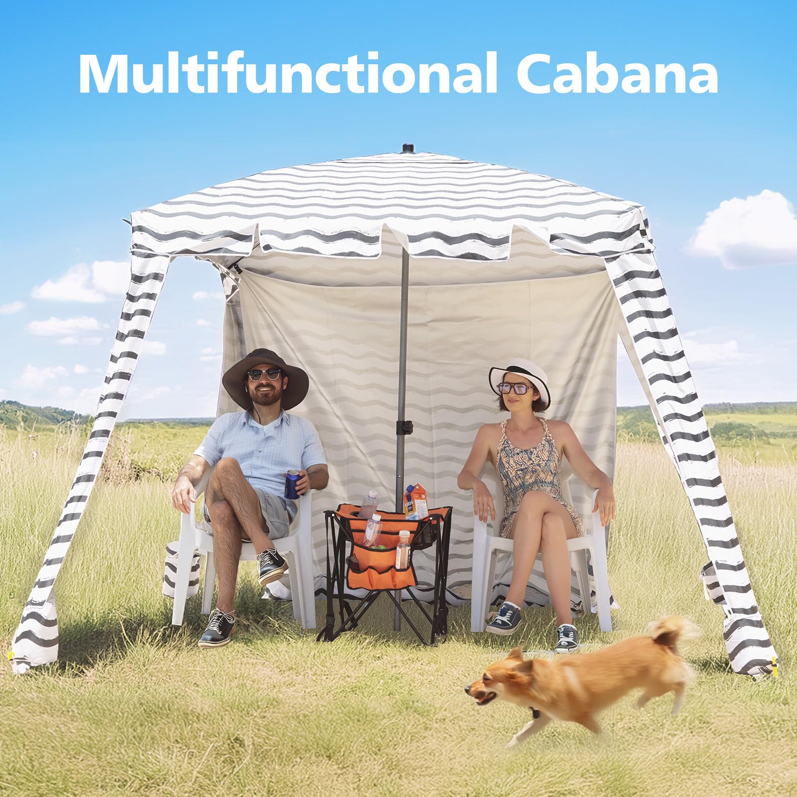 UPF 100+ Beach Cabana Tent with Foldable Camping Table - 6'x6' Portable Sun Shelter, Waterproof UV Protection Canopy with Attachable Walls for Family Beach Outings, Camping & Outdoor Events (Black Wave)