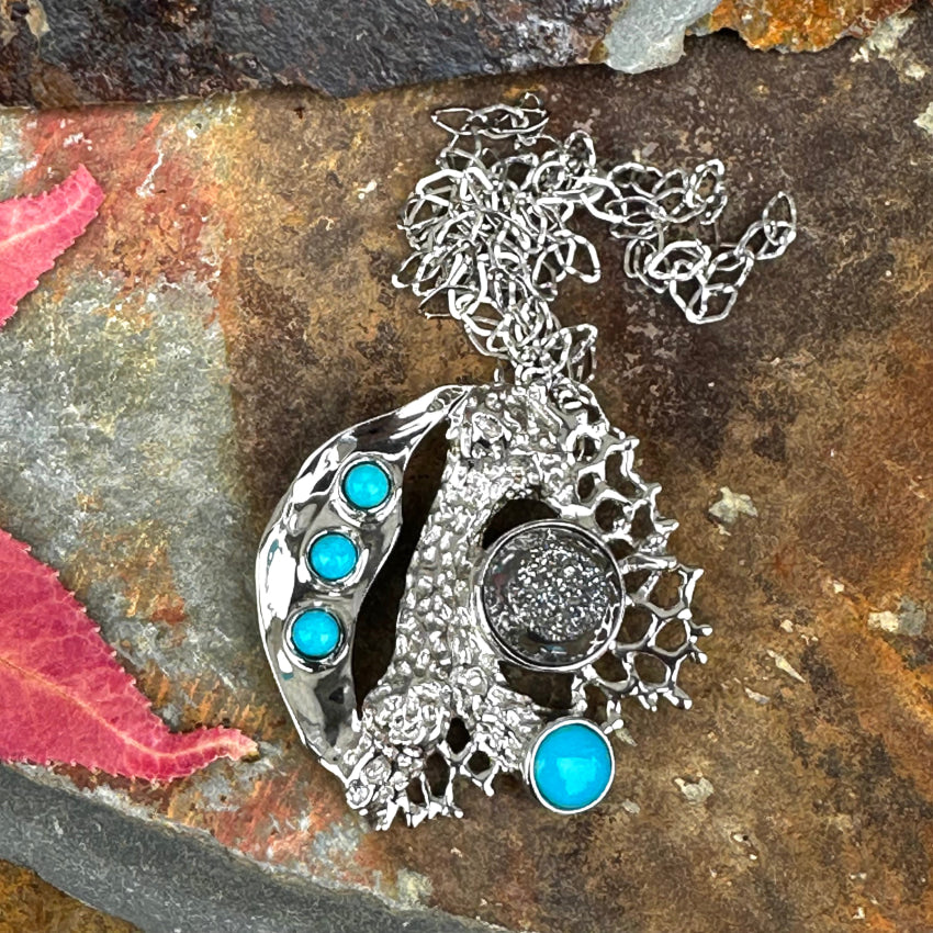 Sterling Silver Turquoise & Druzy Necklace - Elegant Bohemian Jewelry for Women, Handmade Statement Necklace for Casual & Formal Wear - Perfect for Parties, Weddings, and Everyday Fashion